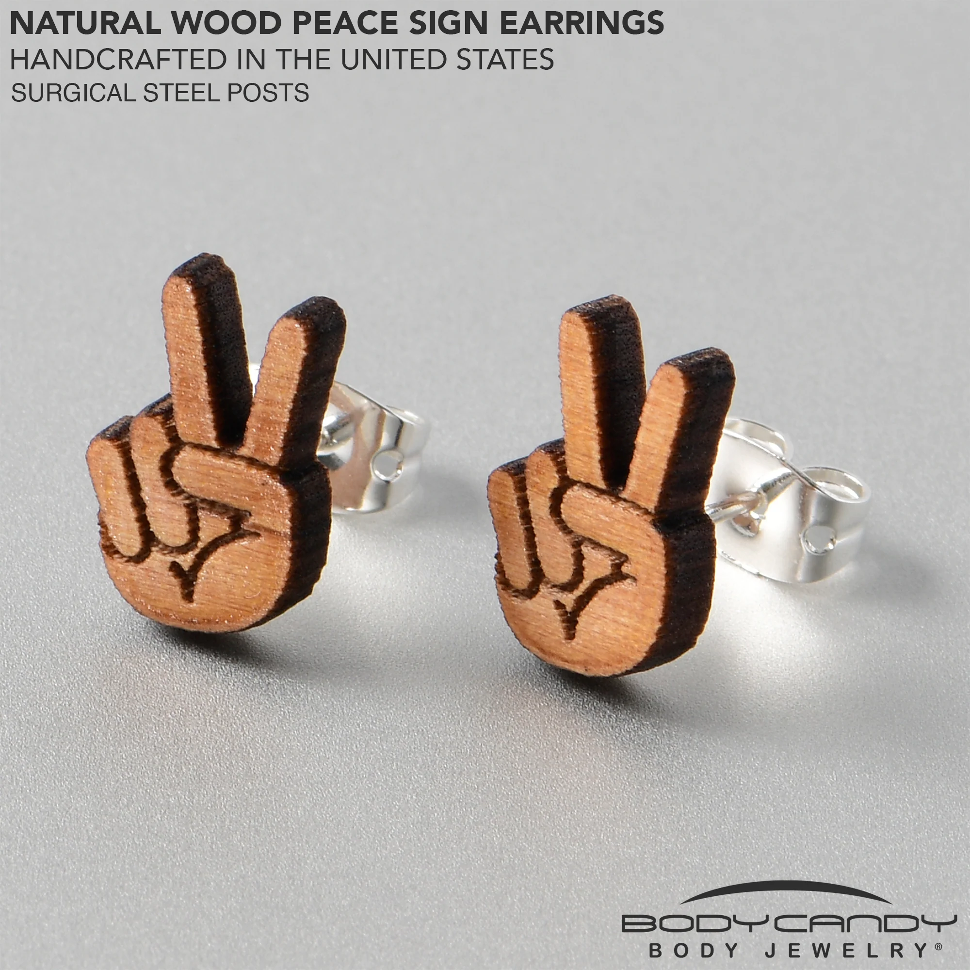 Natural Maple Wood Peace Sign Fingers Stud Earrings - Image 3