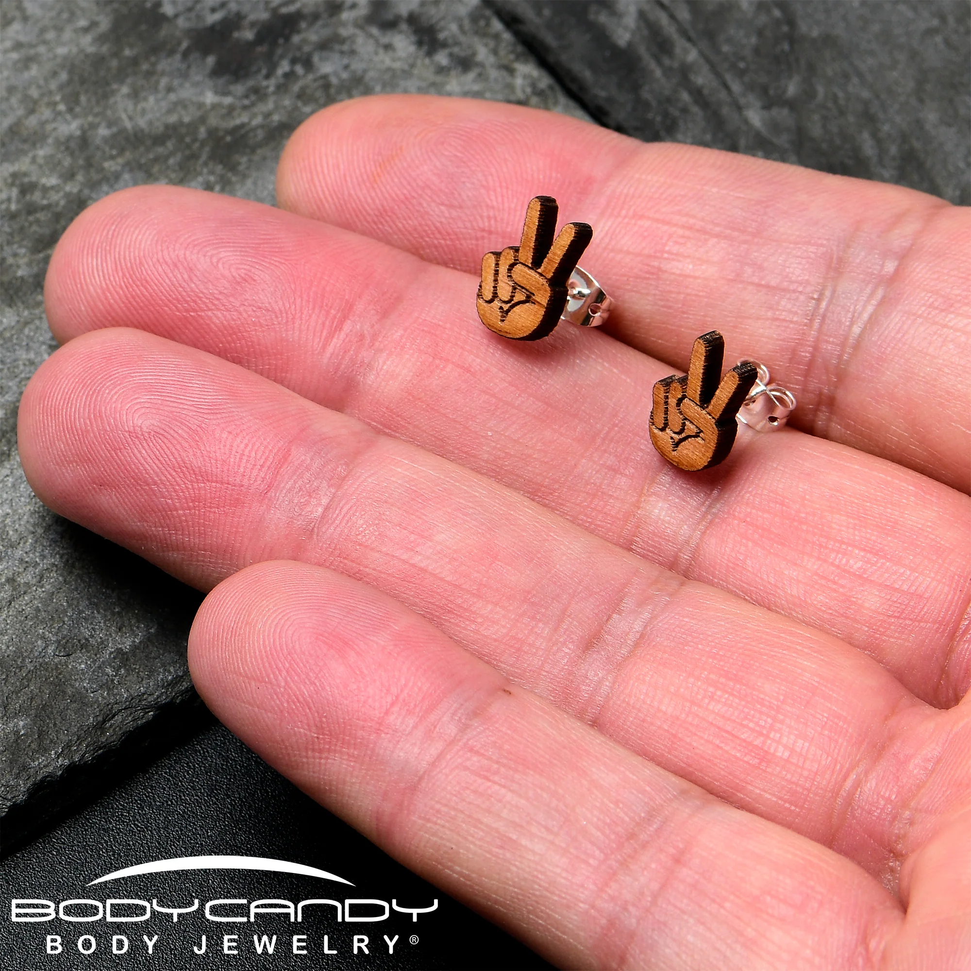 Natural Maple Wood Peace Sign Fingers Stud Earrings - Image 4
