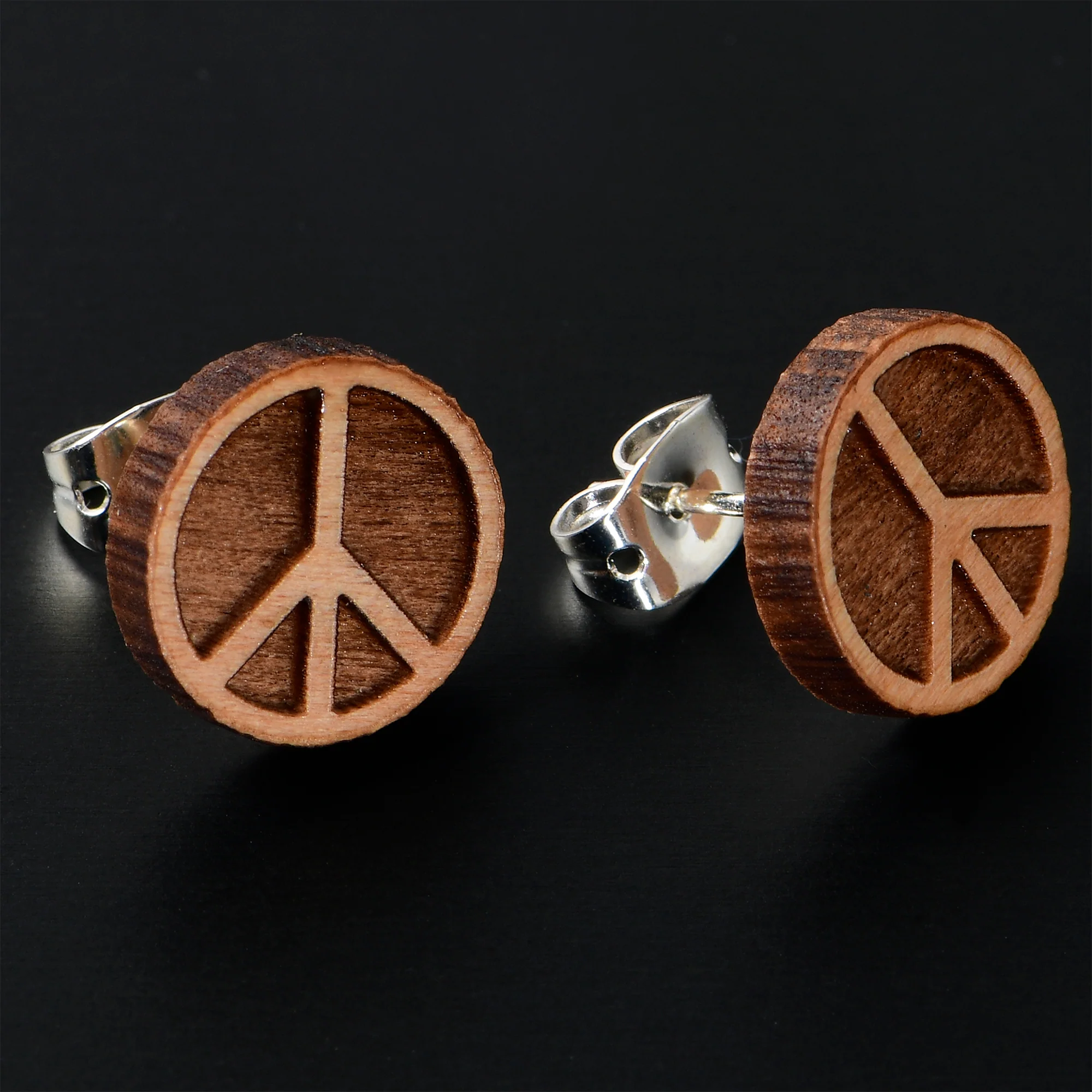Natural Maple Wood Peace Sign Symbol Stud Earrings - Image 2