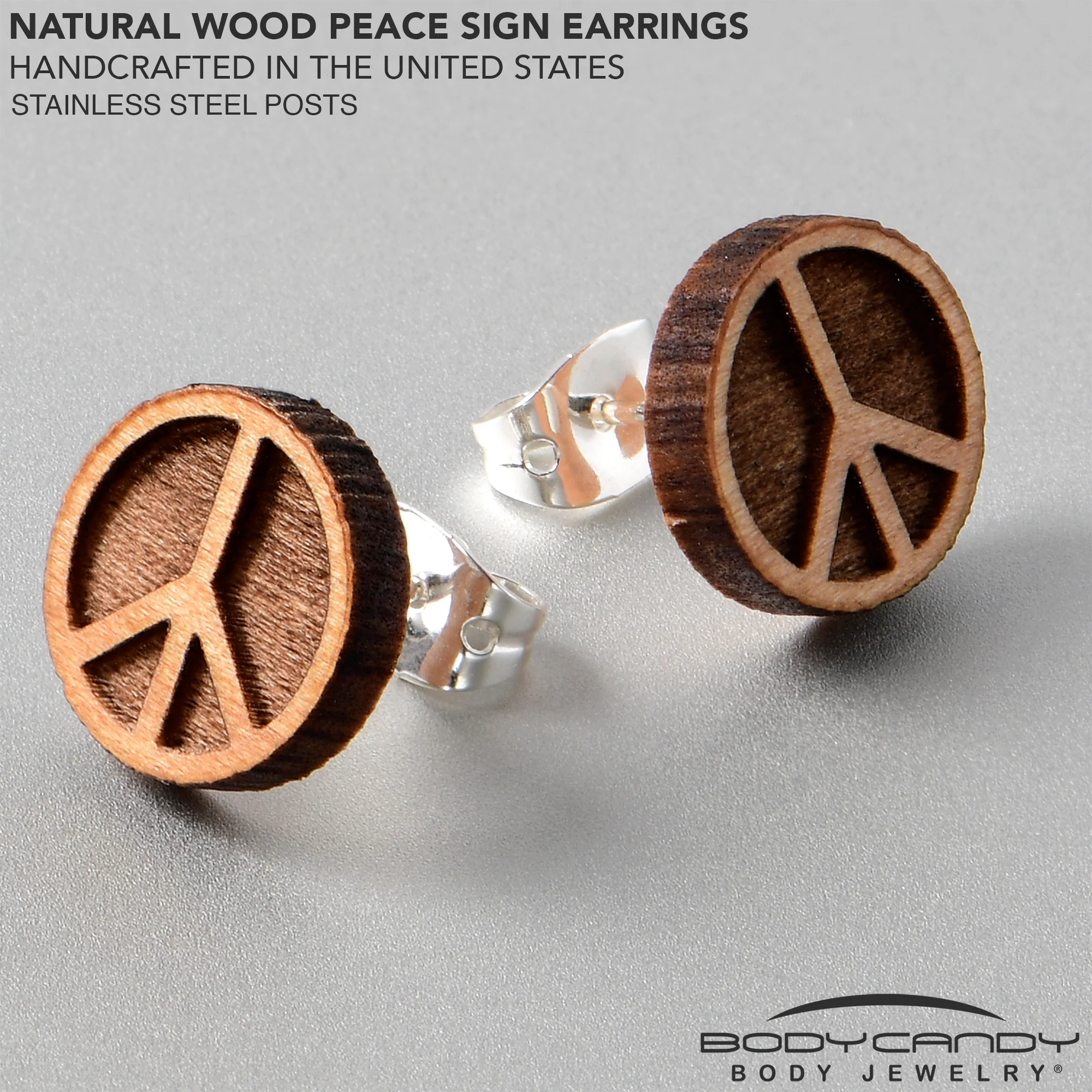 Natural Maple Wood Peace Sign Symbol Stud Earrings - Image 3
