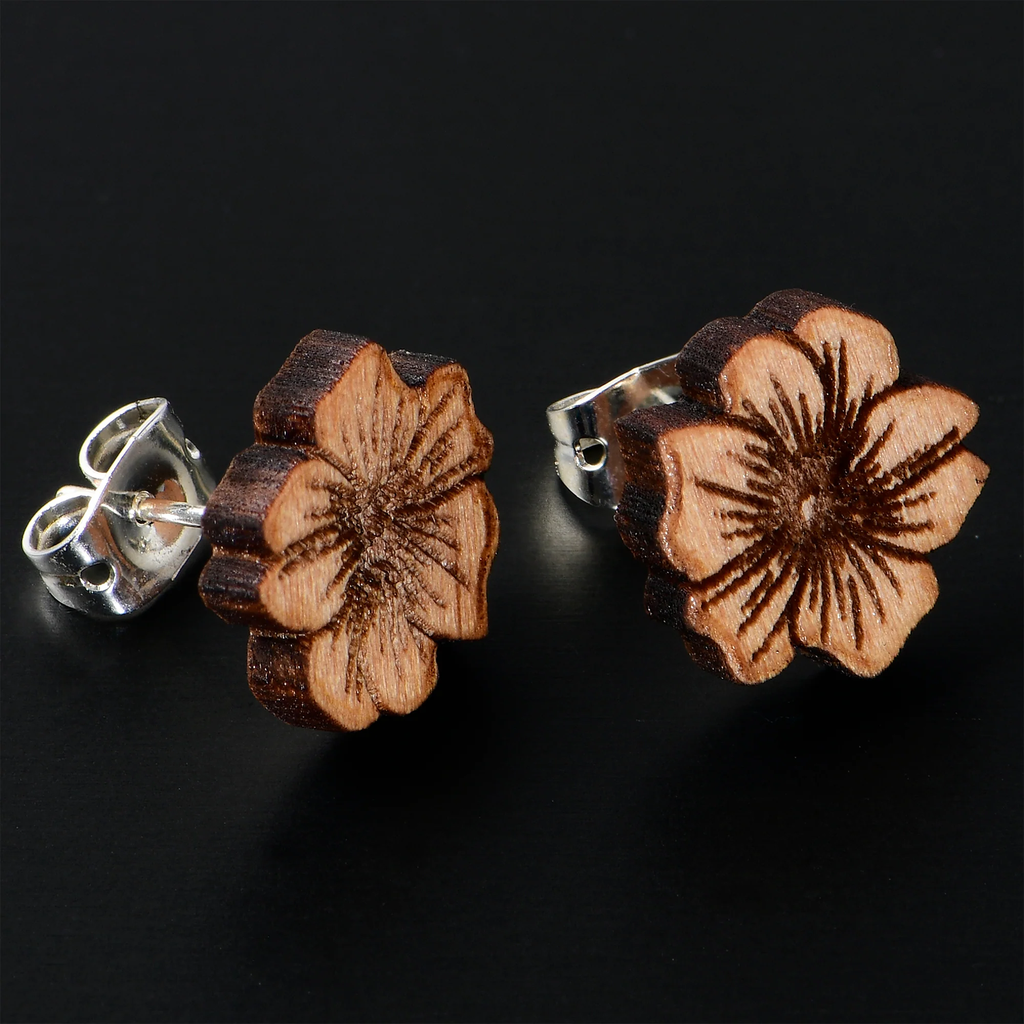 Natural Maple Wood Spring Flowers Stud Earrings - Image 2