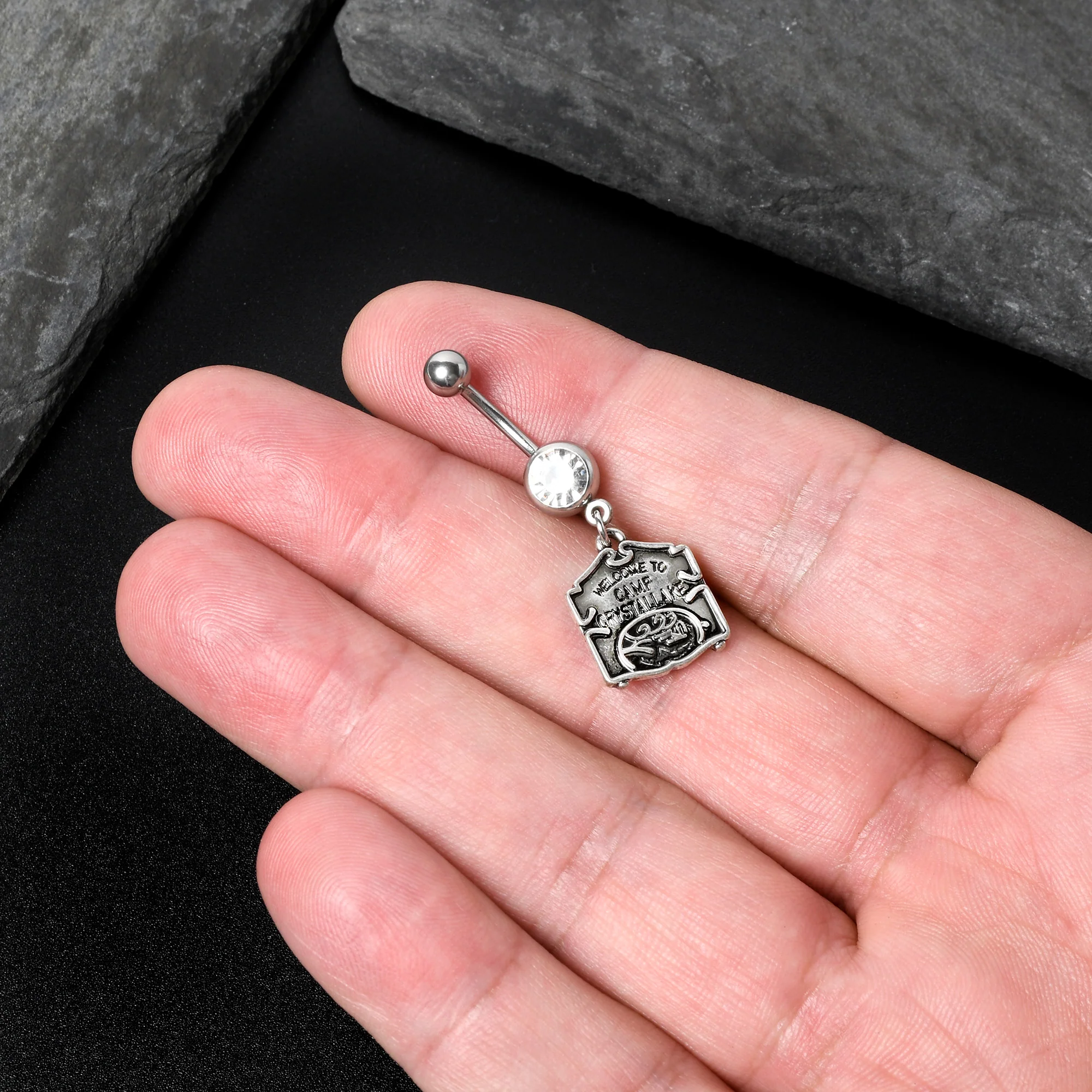 Officially Licensed Friday the 13th Clear Gem Camp Sign Dangle Belly Ring - Image 6