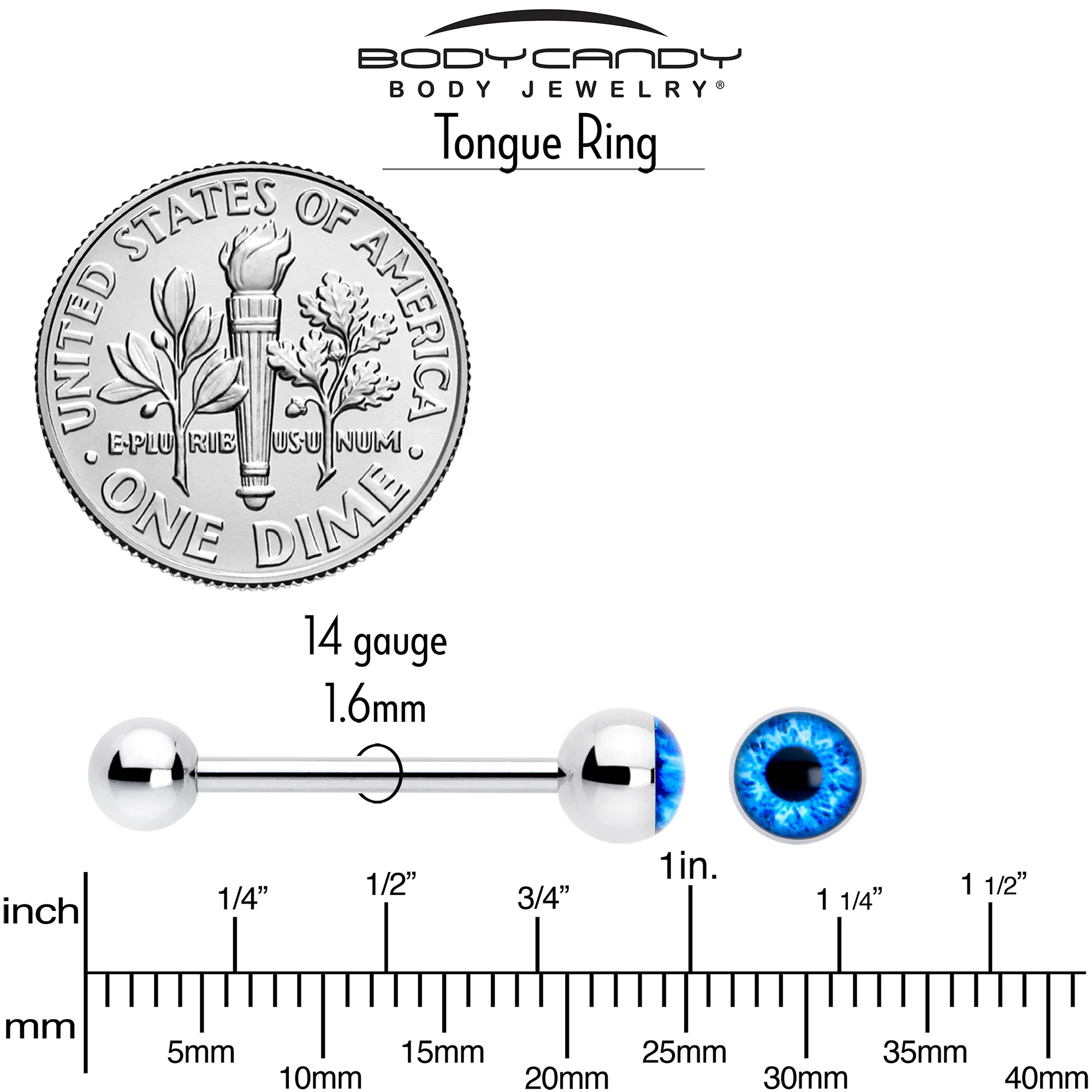 Open Blue Eye Barbell Tongue Ring - Image 5