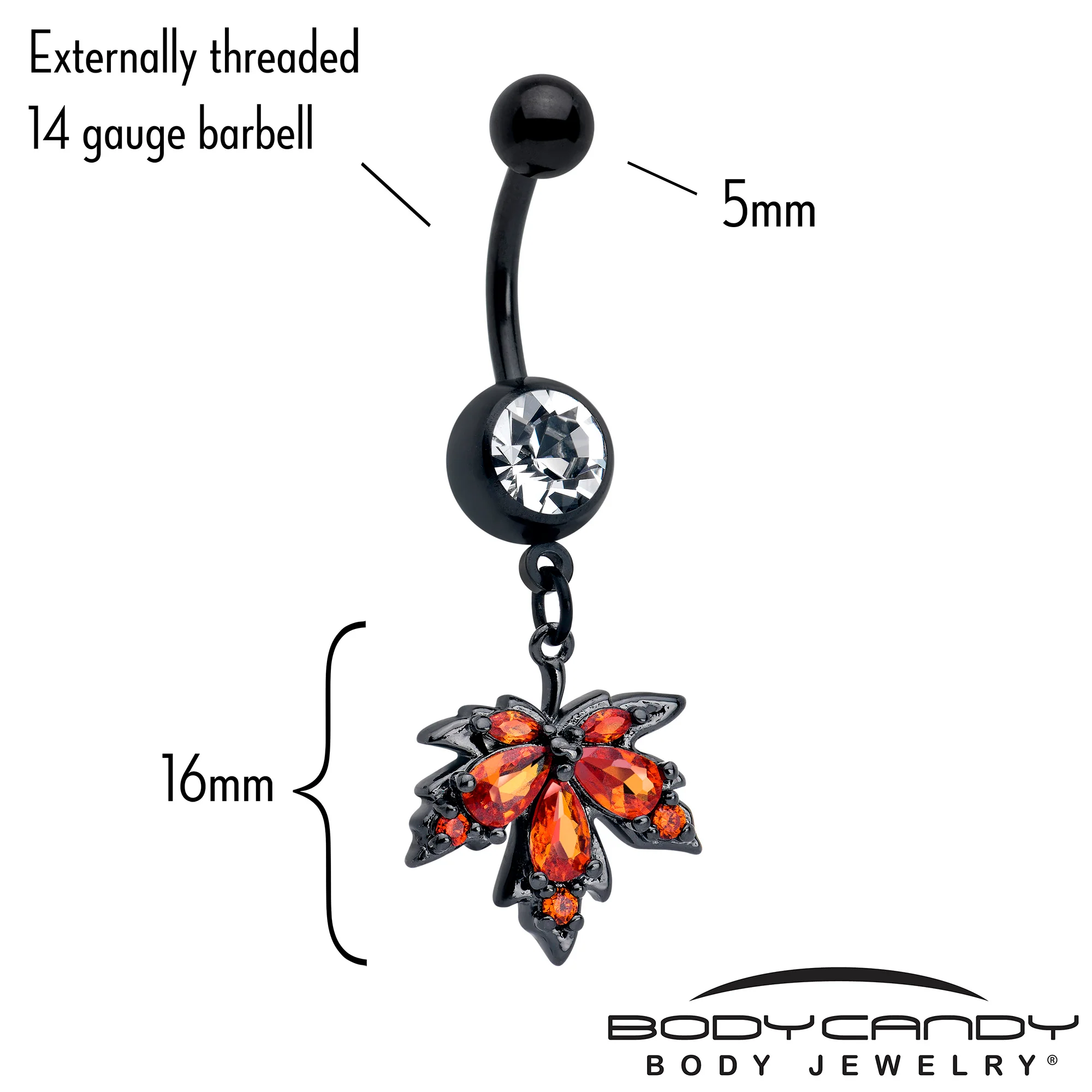 Orange CZ Gem Black Autumn Leaf Dangle Belly Ring - Image 3
