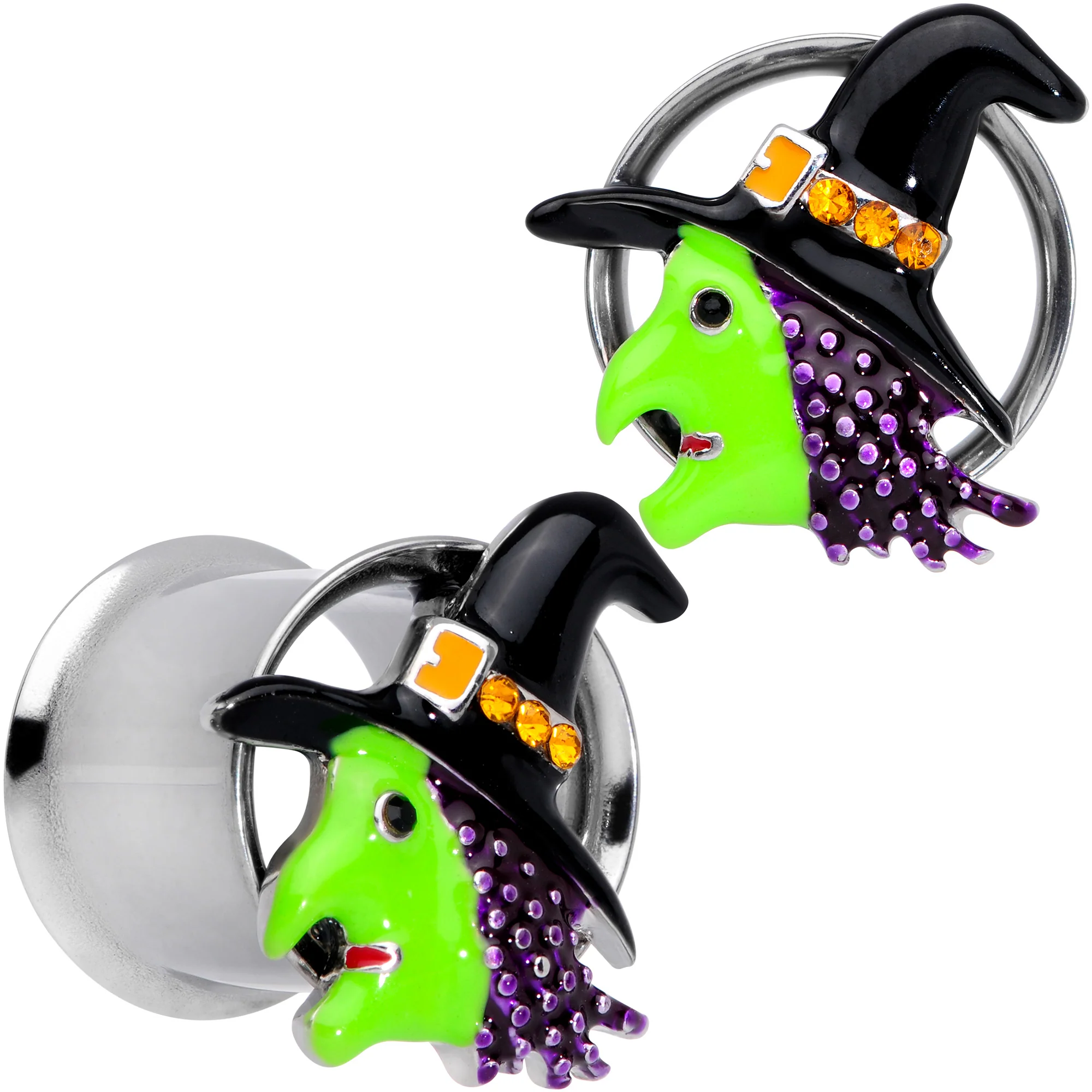 Orange Gem Green Witch Halloween Double Flare Tunnel Plug Set - Image 6