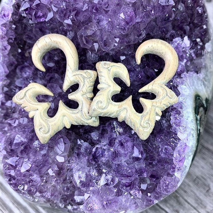 Organic Hand Carved Wood Lotus Flower Butterfly Hanger Plug Set 4mm to 10mm - Image 2