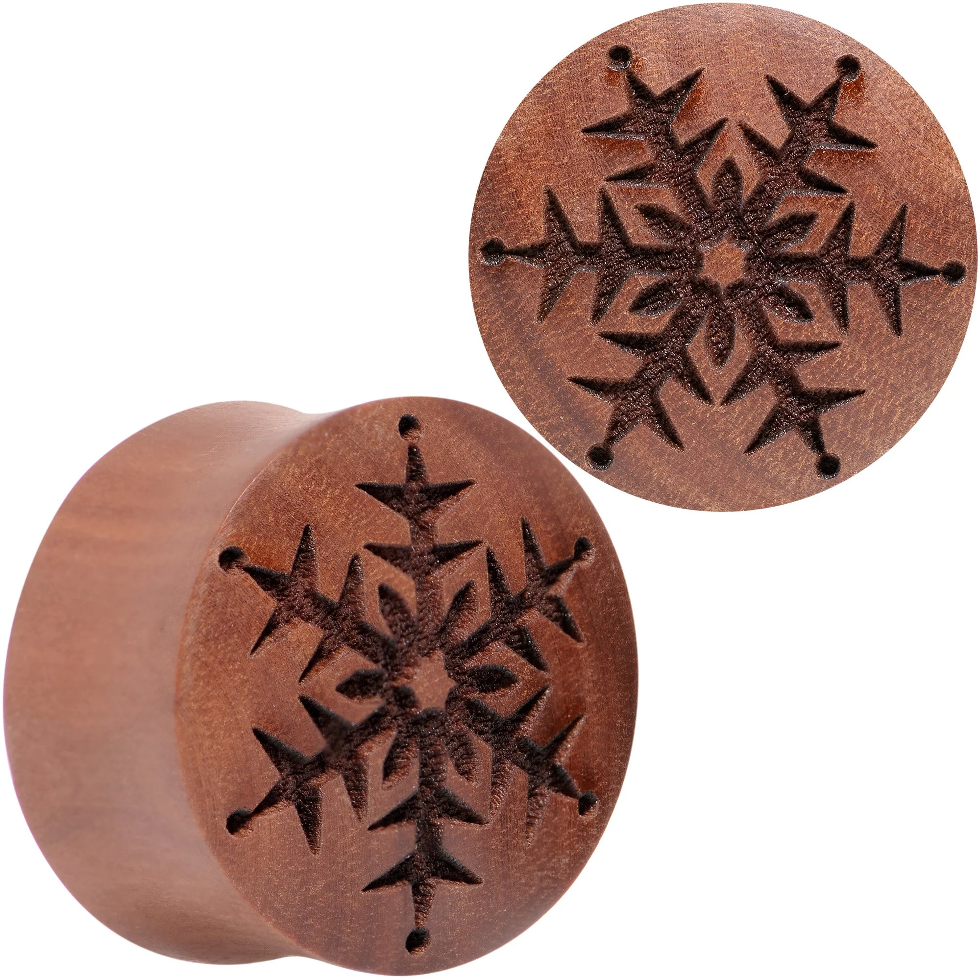 Organic Sawo Wood Holiday Winter Snowflake Saddle Plug Set Sizes 8mm to 25mm - Image 2