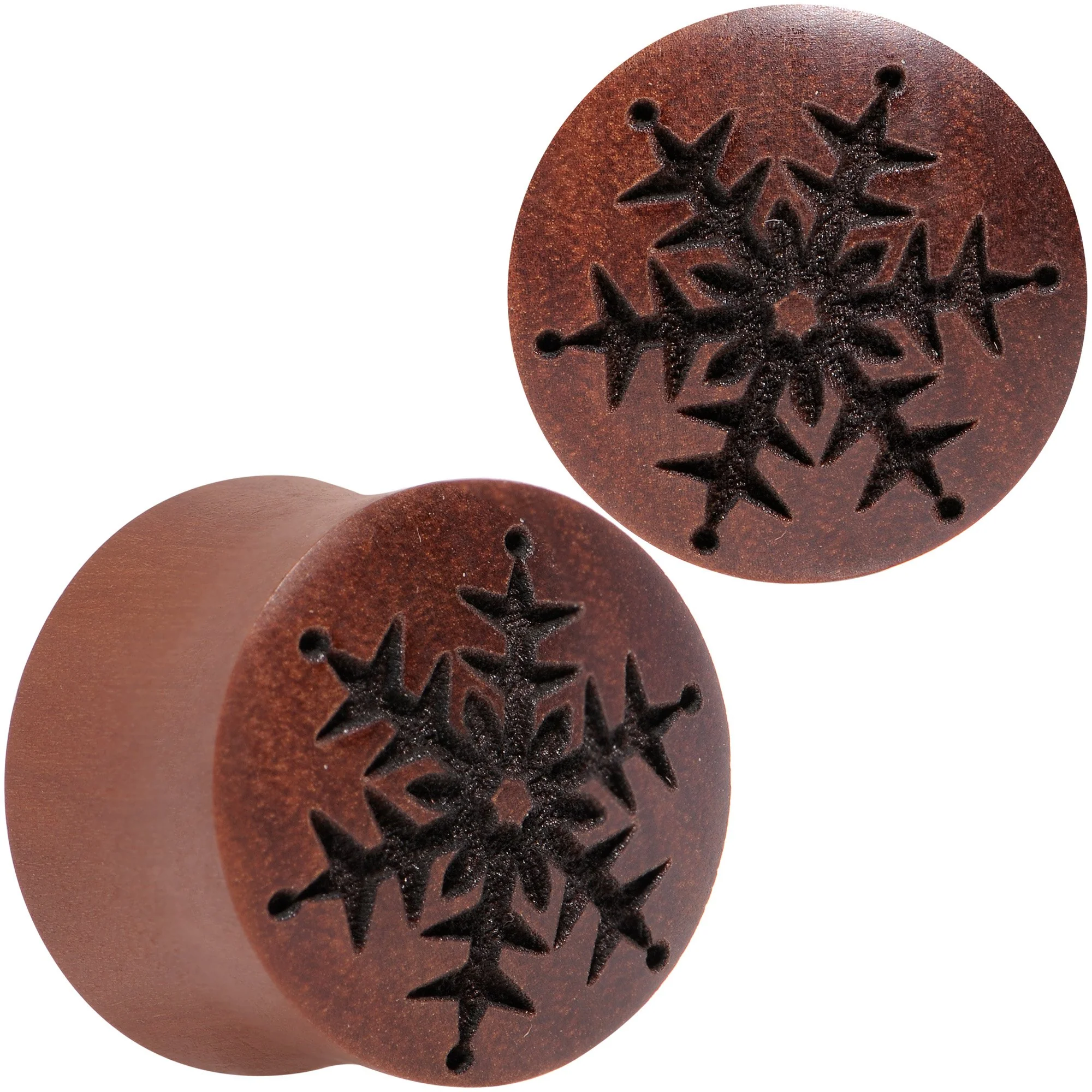 Organic Sawo Wood Holiday Winter Snowflake Saddle Plug Set Sizes 8mm to 25mm - Image 4