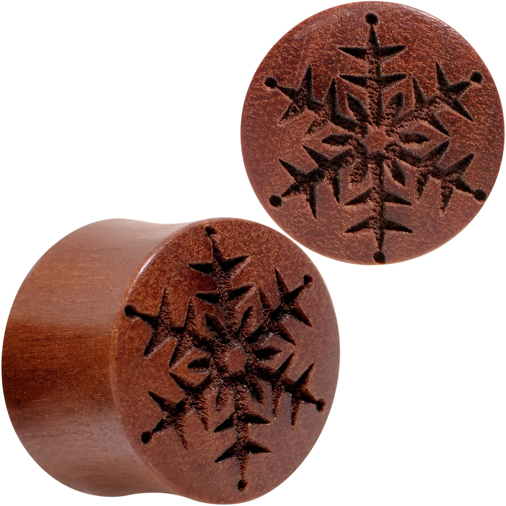 Organic Sawo Wood Holiday Winter Snowflake Saddle Plug Set Sizes 8mm to 25mm - Image 5