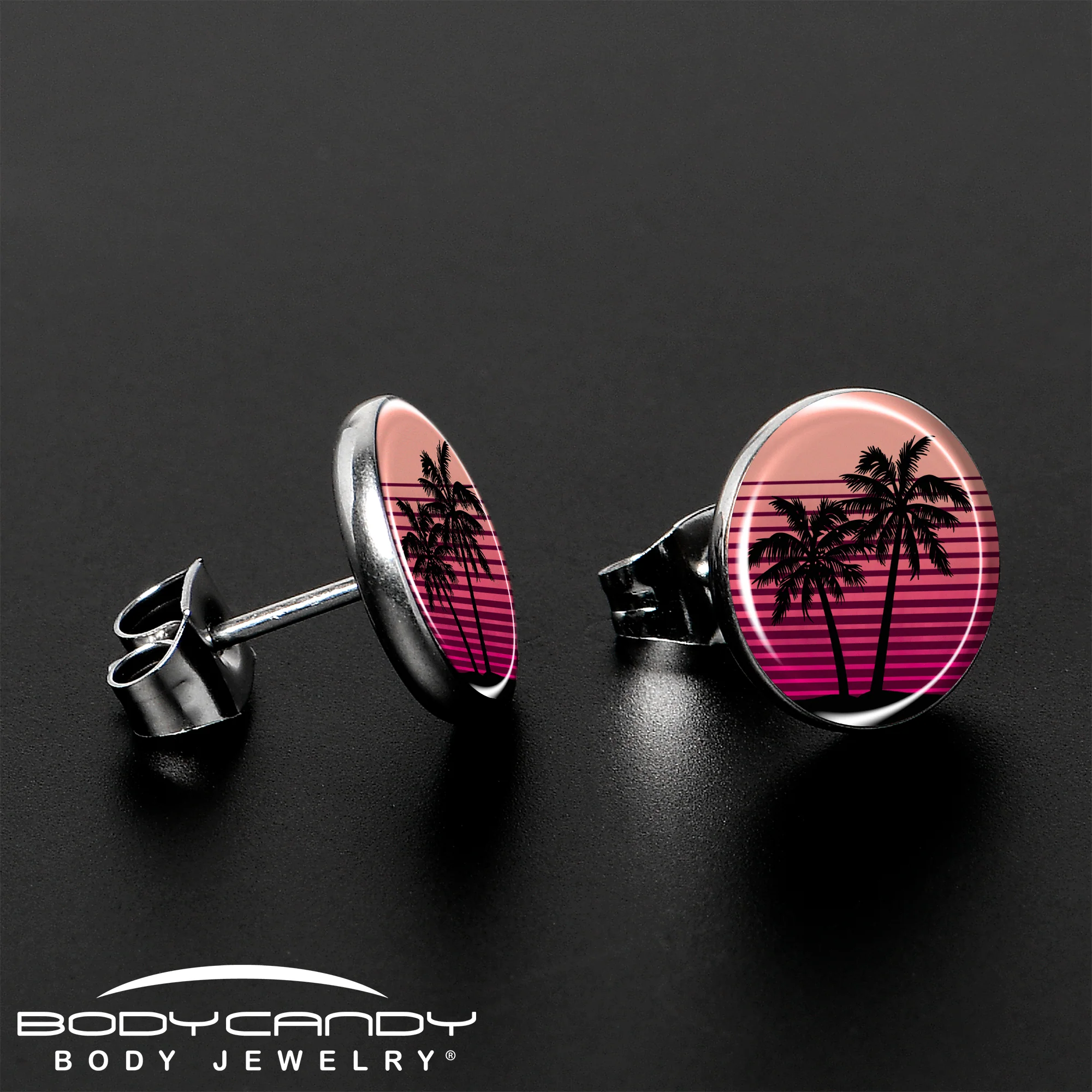 Palm Tree Retro Sunset Stud Earrings by Onyx O - Image 3