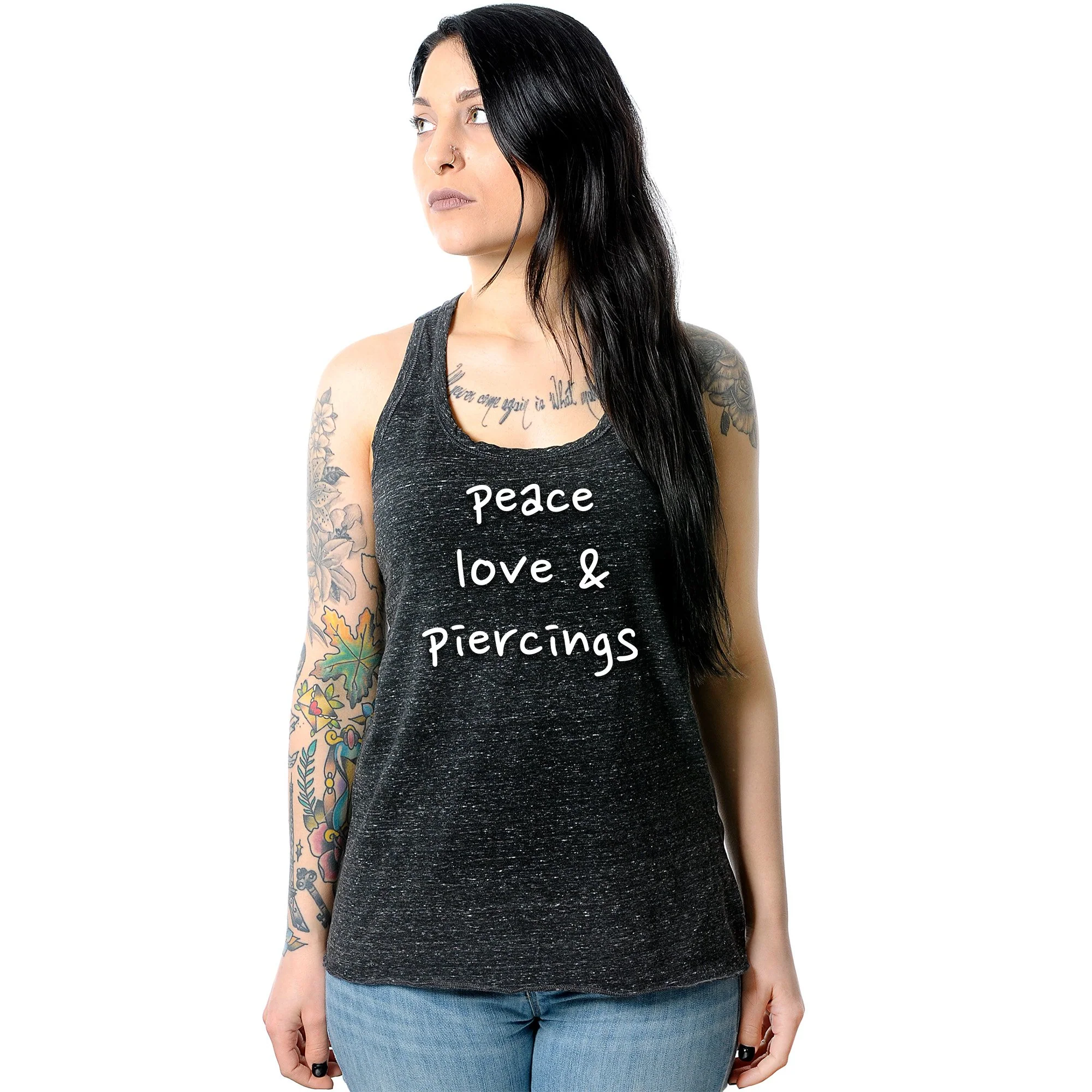 Peace Love & Piercings Black Gray Cosmic Twist Back Tank Top