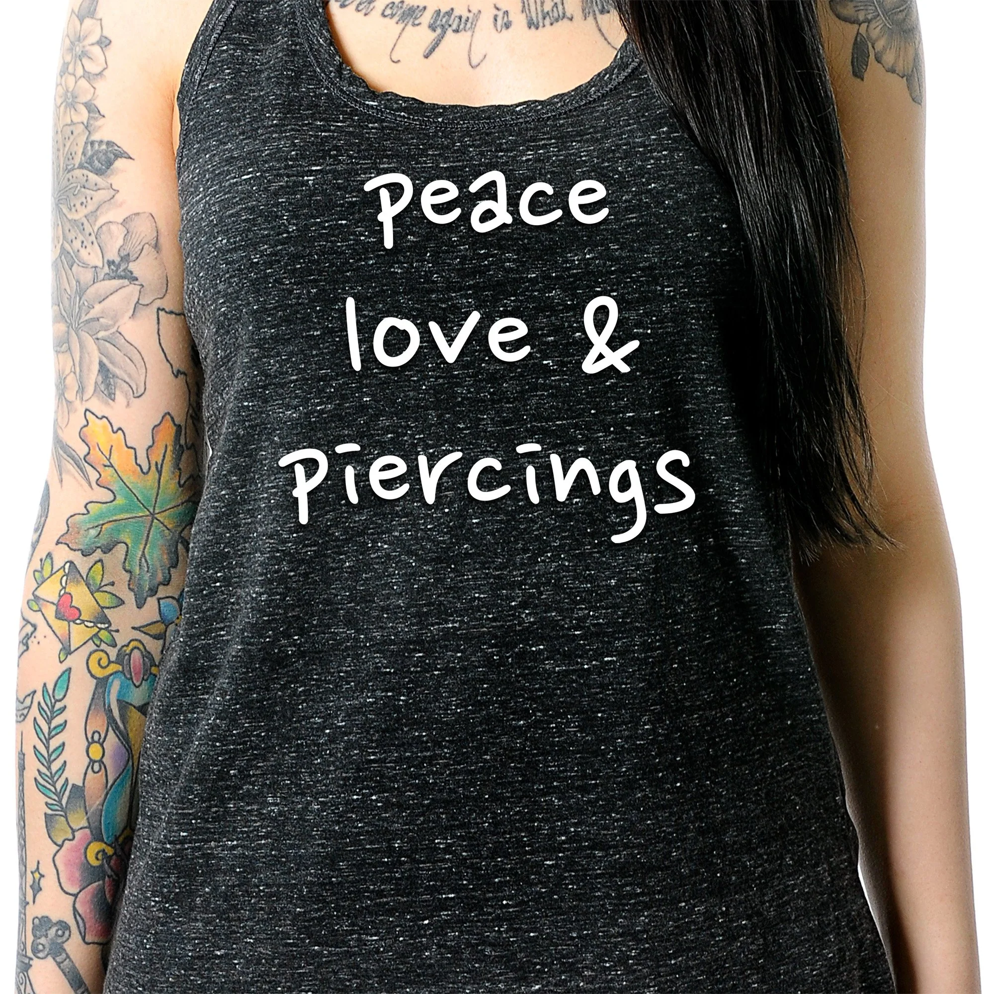 Peace Love & Piercings Black Gray Cosmic Twist Back Tank Top - Image 3