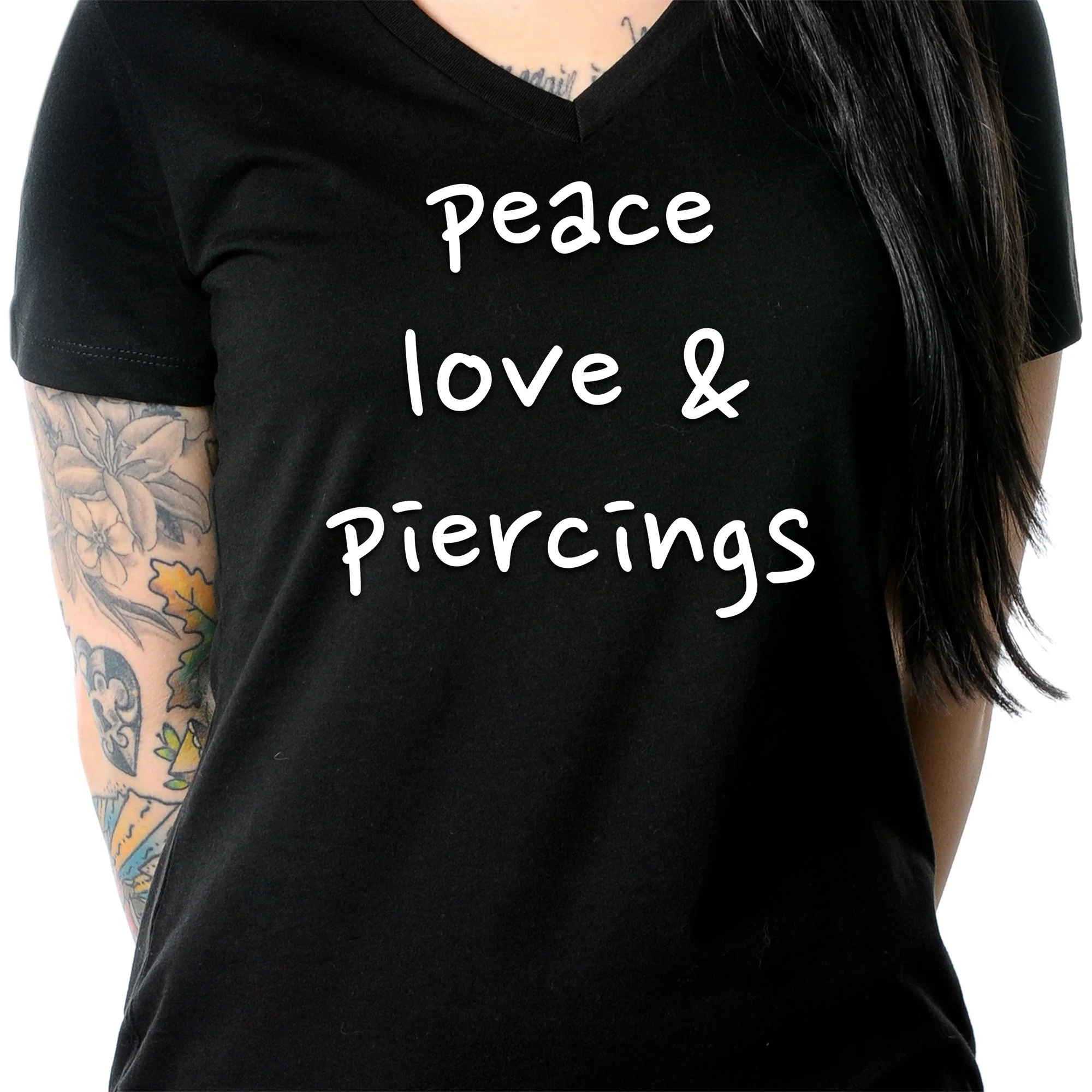 Peace Love & Piercings Black Tapered V-Neck Tee Shirt - Image 2