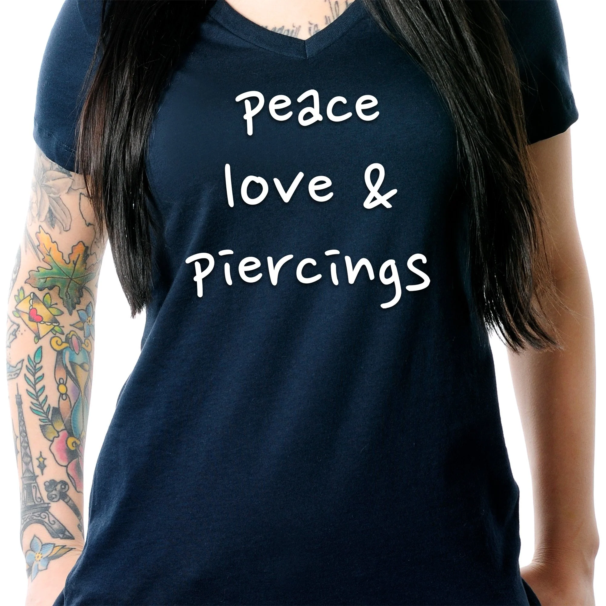 Peace Love & Piercings Black Tapered V-Neck Tee Shirt - Image 6