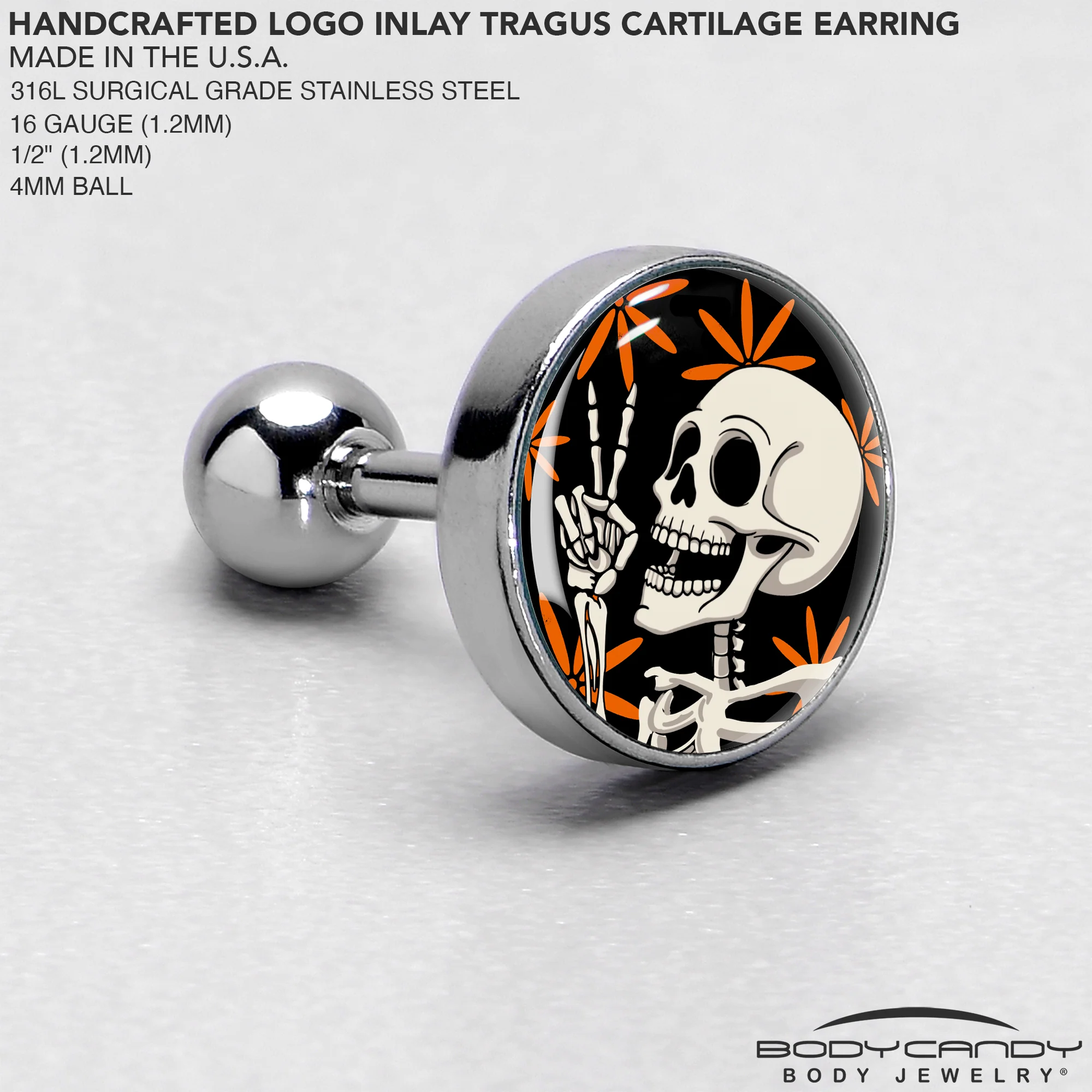 16G 1/4 Peace Sign Skeleton Tragus Cartilage Earring by Onyx O - Image 4