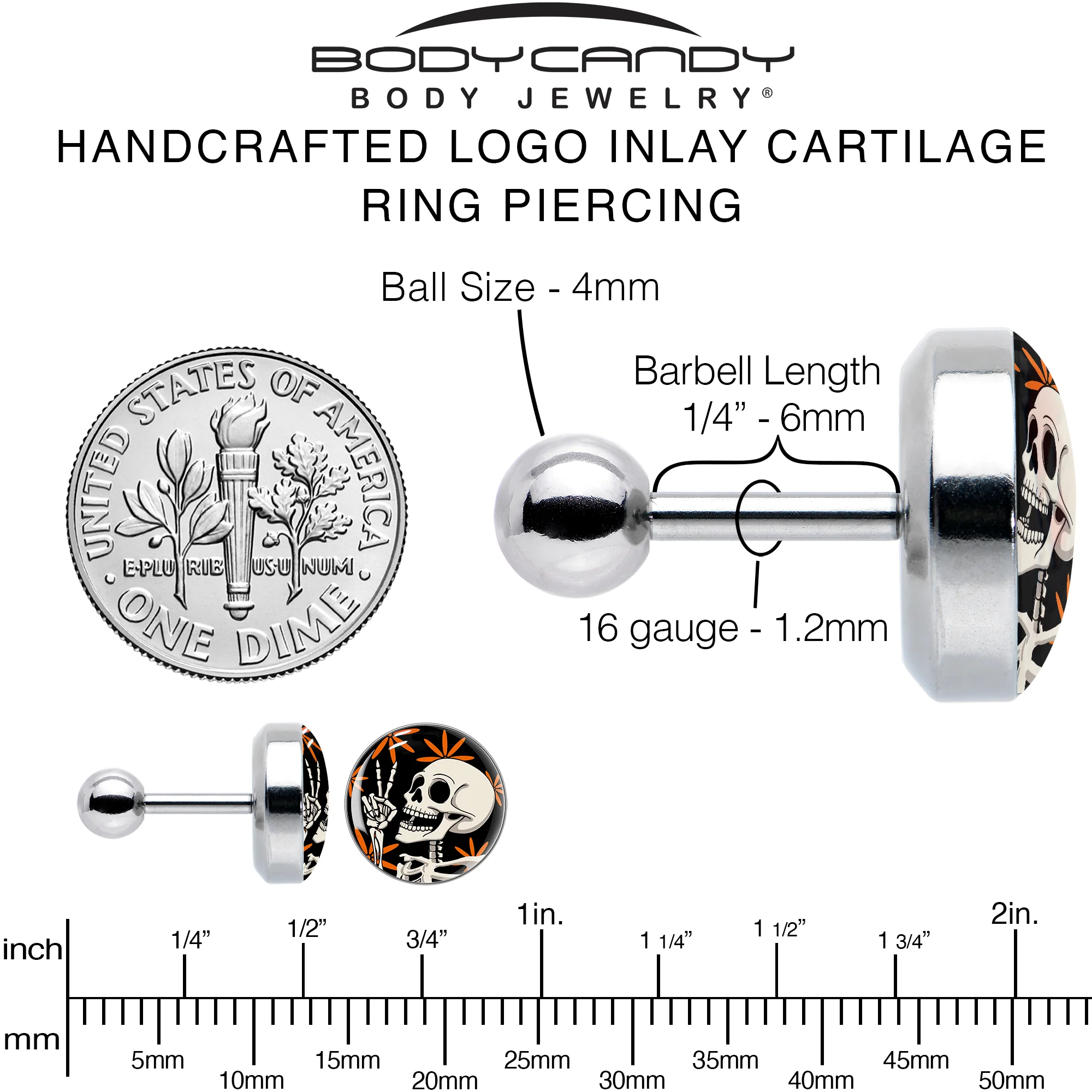 16G 1/4 Peace Sign Skeleton Tragus Cartilage Earring by Onyx O - Image 6