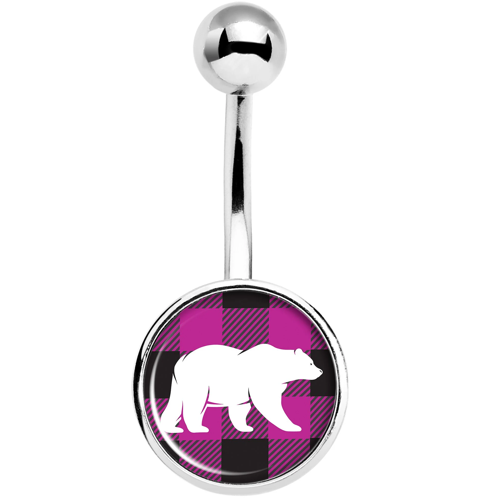 Pink Black Plaid Polar Bear Belly Ring - Image 2