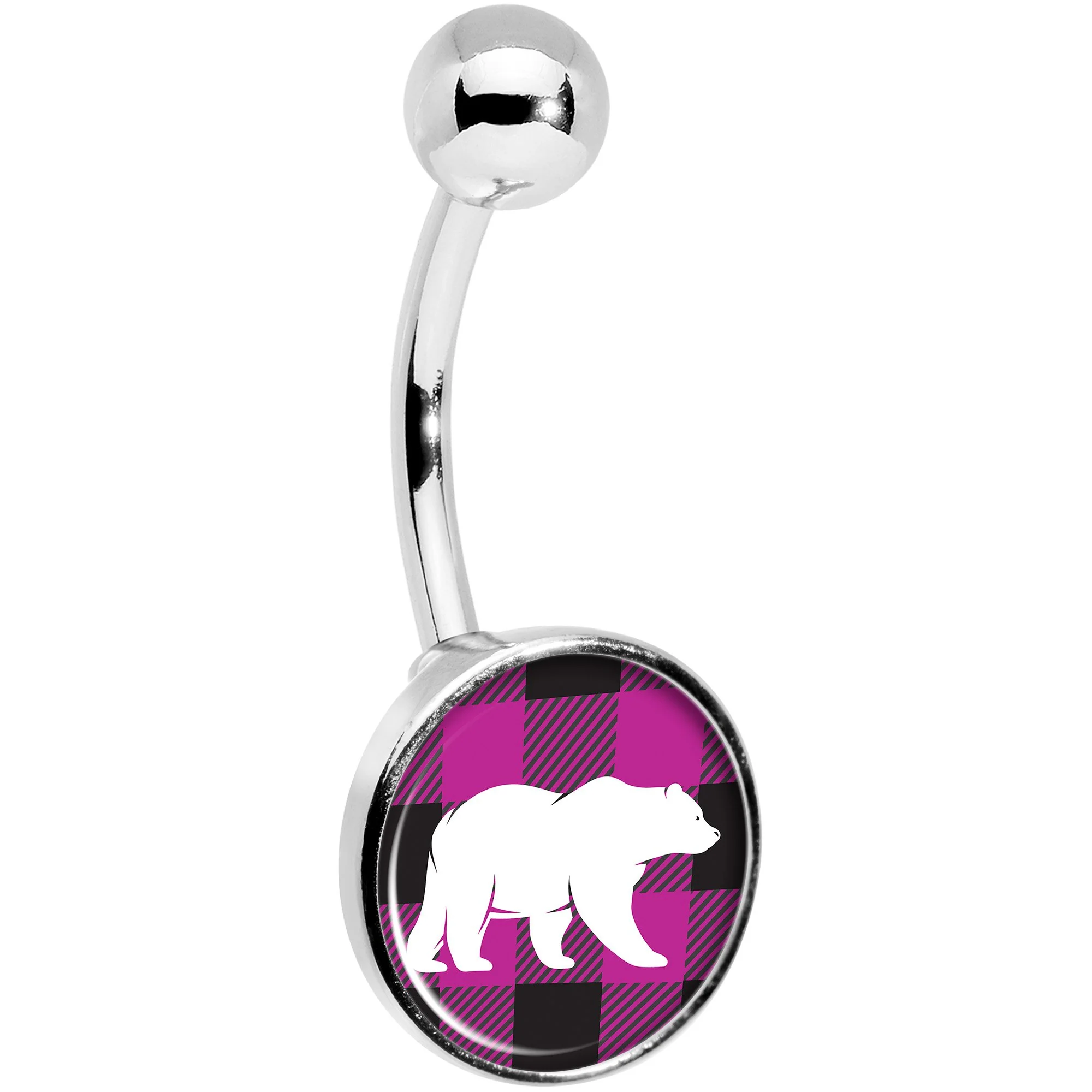 Pink Black Plaid Polar Bear Belly Ring - Image 3