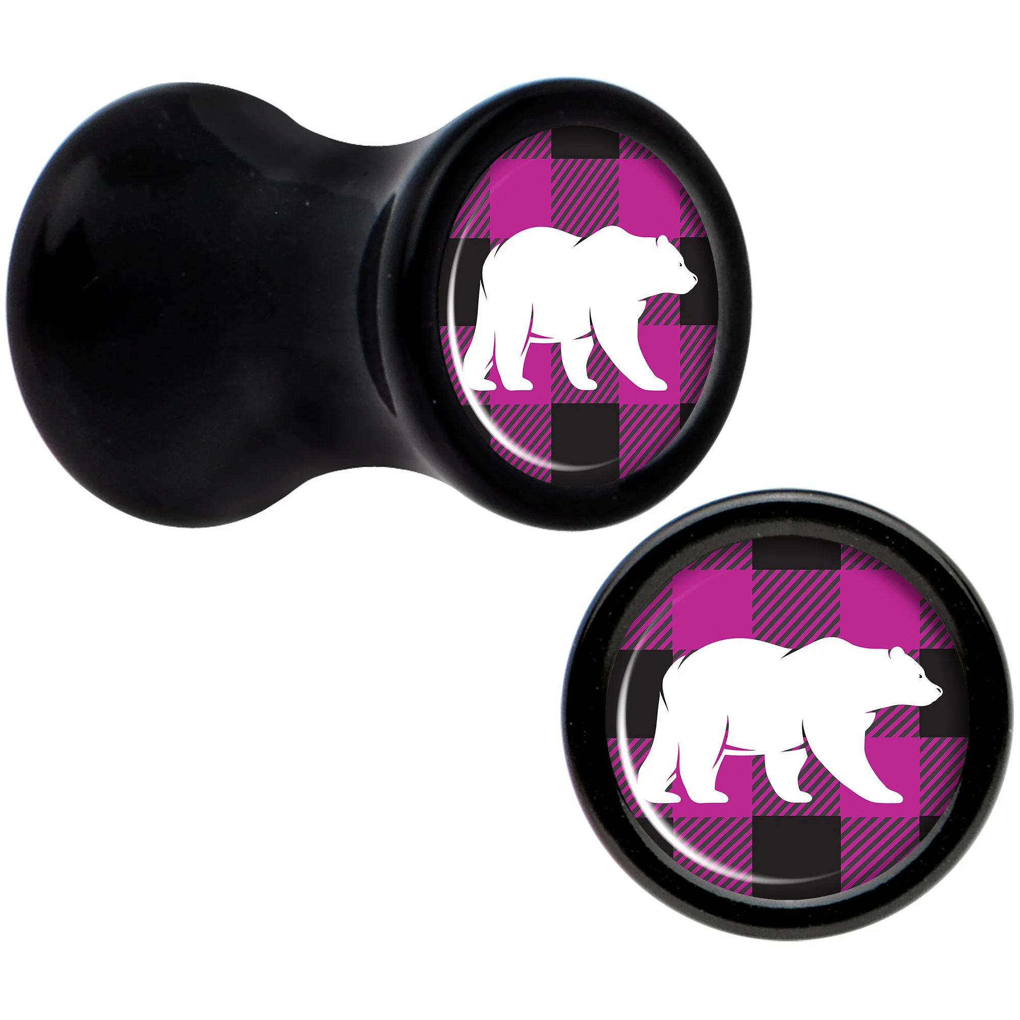 Pink Black Plaid Polar Bear Black Acrylic Saddle Plug Set Sizes 5mm to 20mm - Image 2