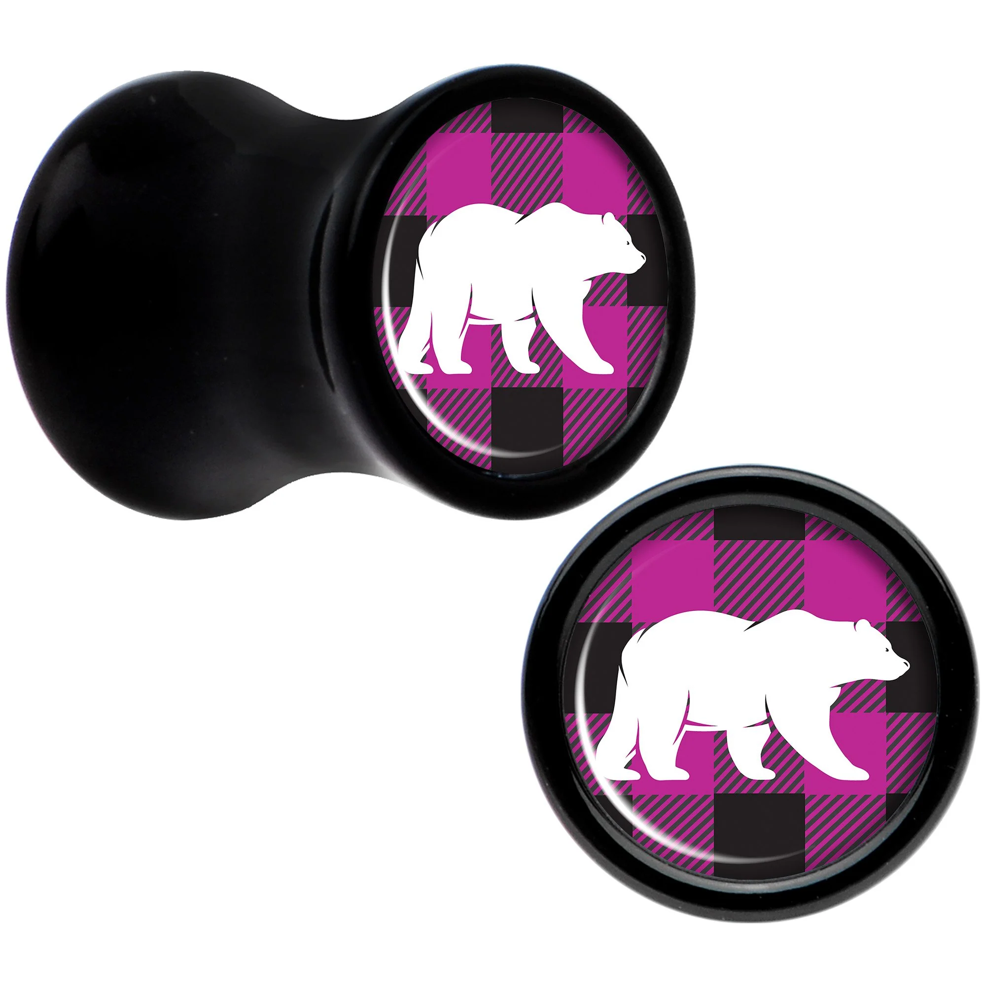 Pink Black Plaid Polar Bear Black Acrylic Saddle Plug Set Sizes 5mm to 20mm - Image 3