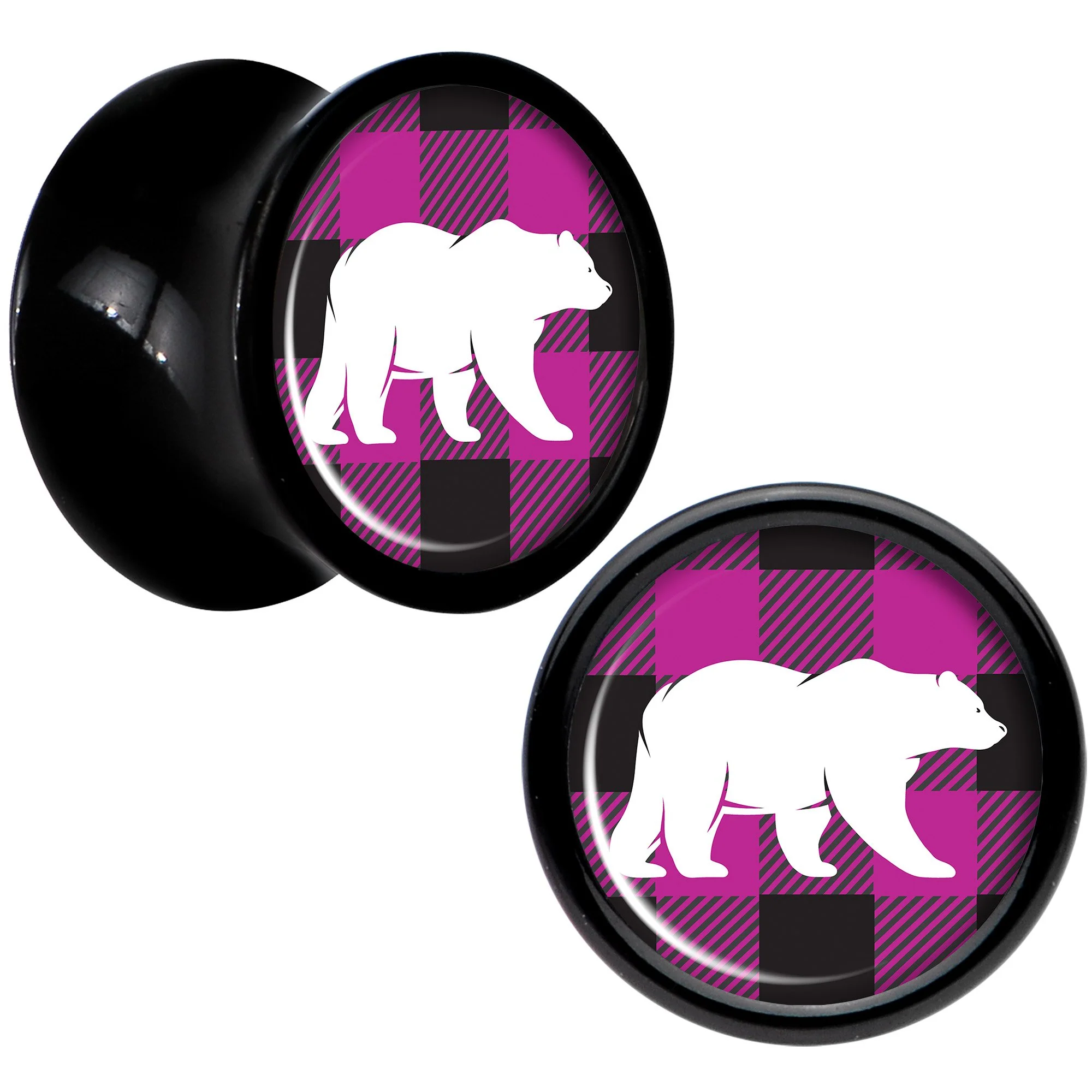 Pink Black Plaid Polar Bear Black Acrylic Saddle Plug Set Sizes 5mm to 20mm - Image 4
