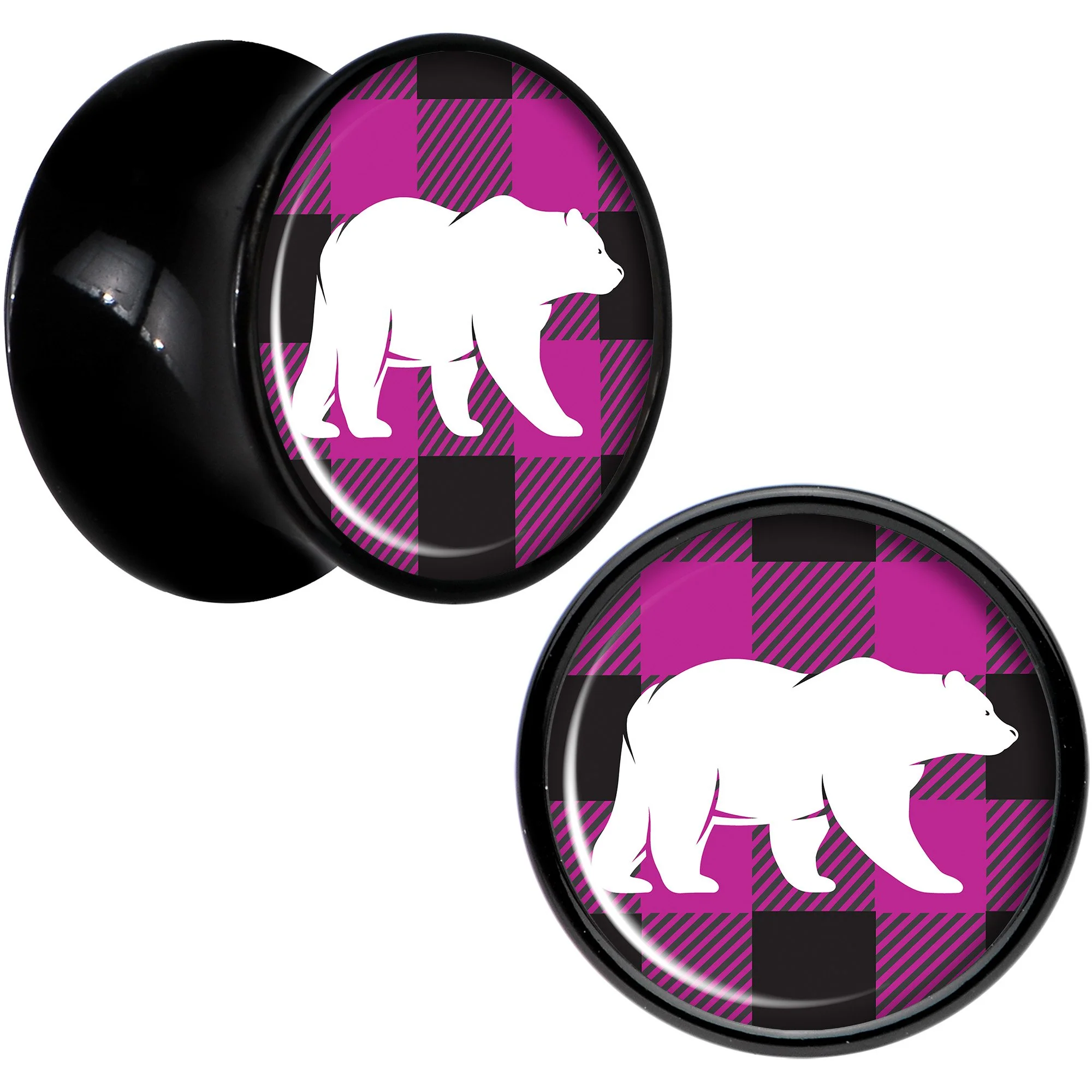 Pink Black Plaid Polar Bear Black Acrylic Saddle Plug Set Sizes 5mm to 20mm - Image 5