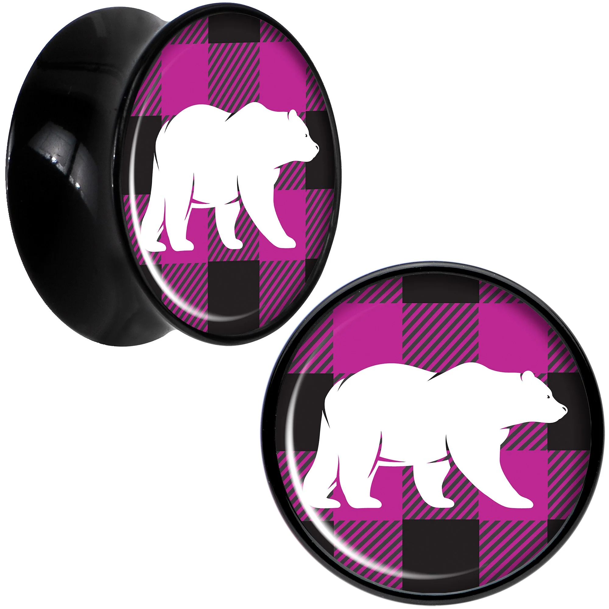 Pink Black Plaid Polar Bear Black Acrylic Saddle Plug Set Sizes 5mm to 20mm - Image 7