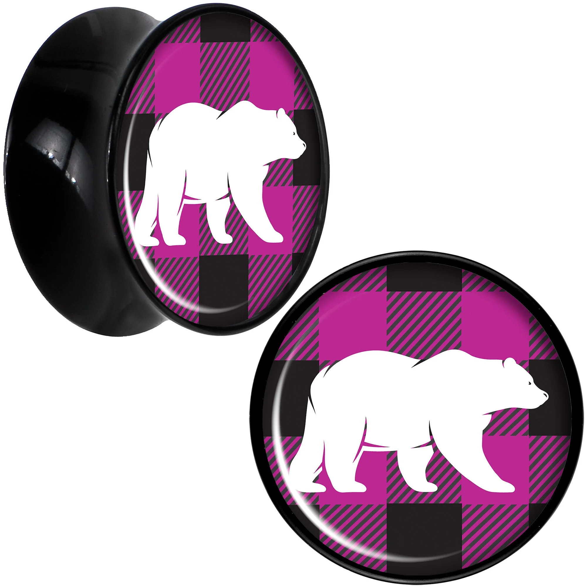 Pink Black Plaid Polar Bear Black Acrylic Saddle Plug Set Sizes 5mm to 20mm - Image 8