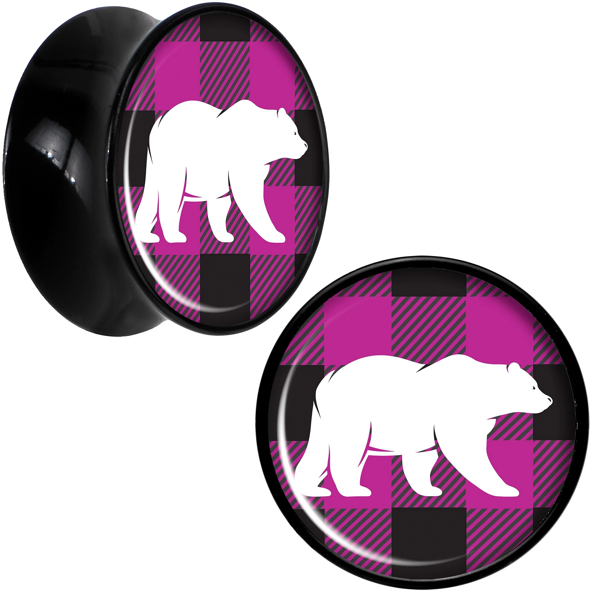 Pink Black Plaid Polar Bear Black Acrylic Saddle Plug Set Sizes 5mm to 20mm - Image 9