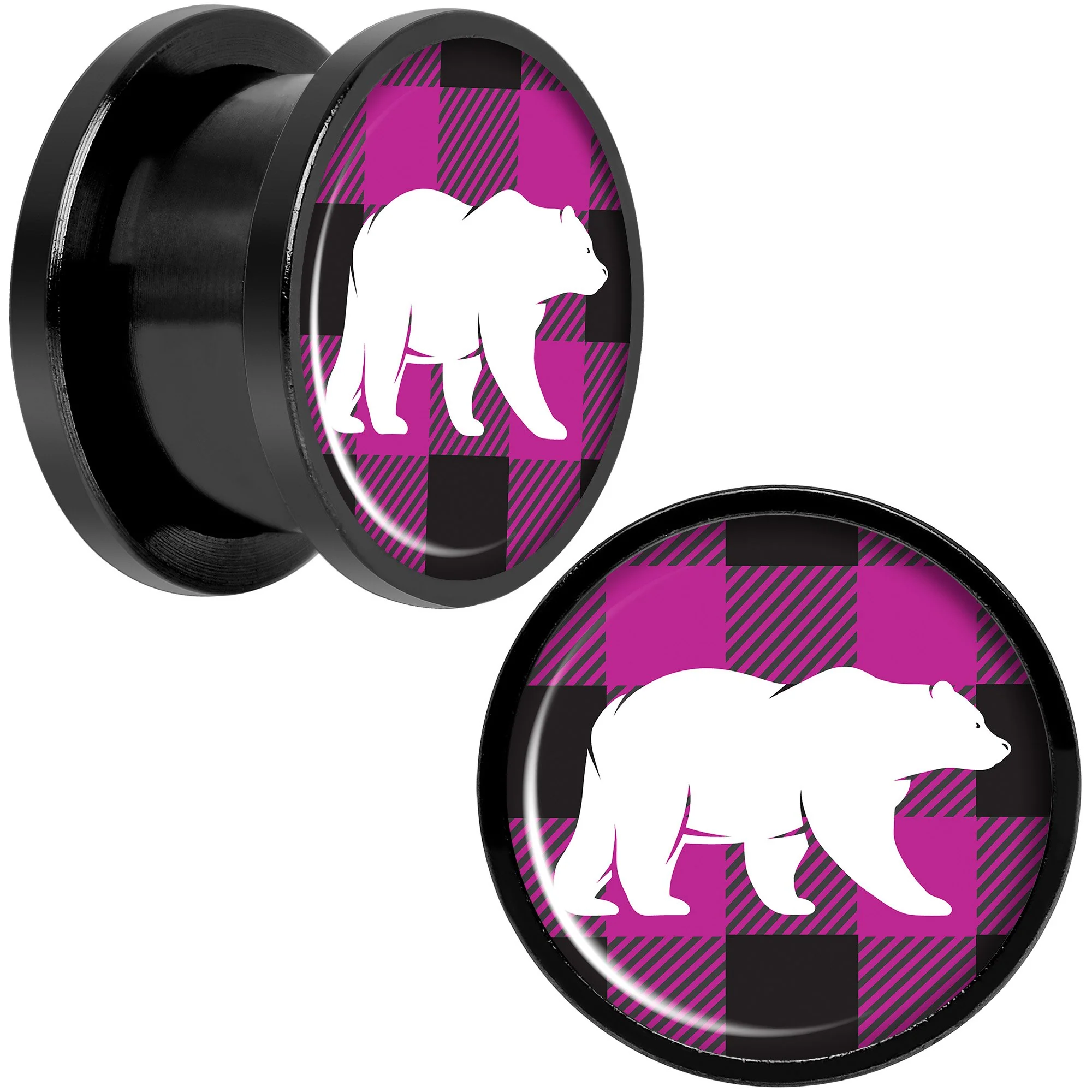 Pink Black Plaid Polar Bear Black Screw Fit Plug Set Sizes 5mm to 20mm - Image 6
