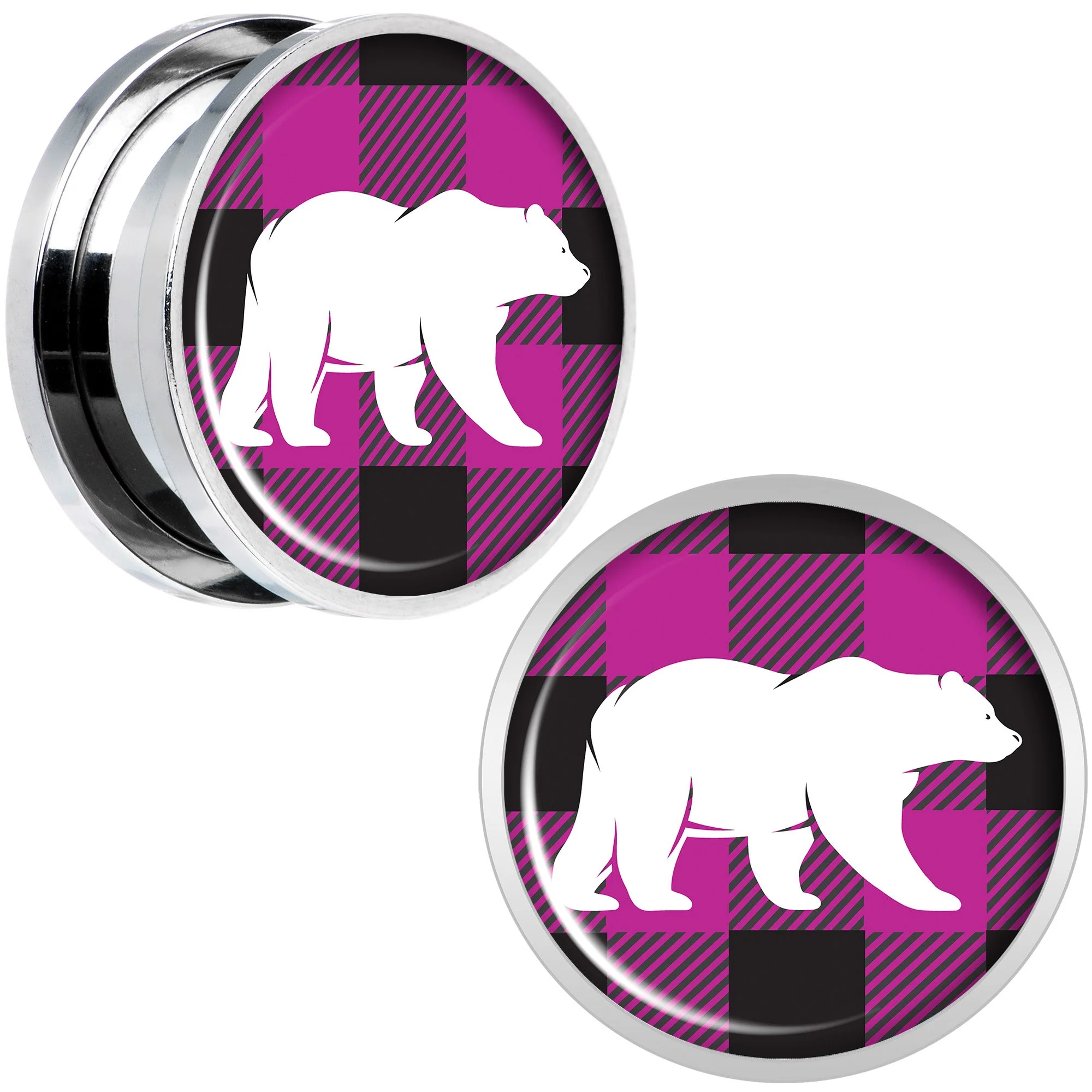 Pink Black Plaid Polar Bear Screw Fit Plug Set Sizes 5mm to 20mm - Image 2