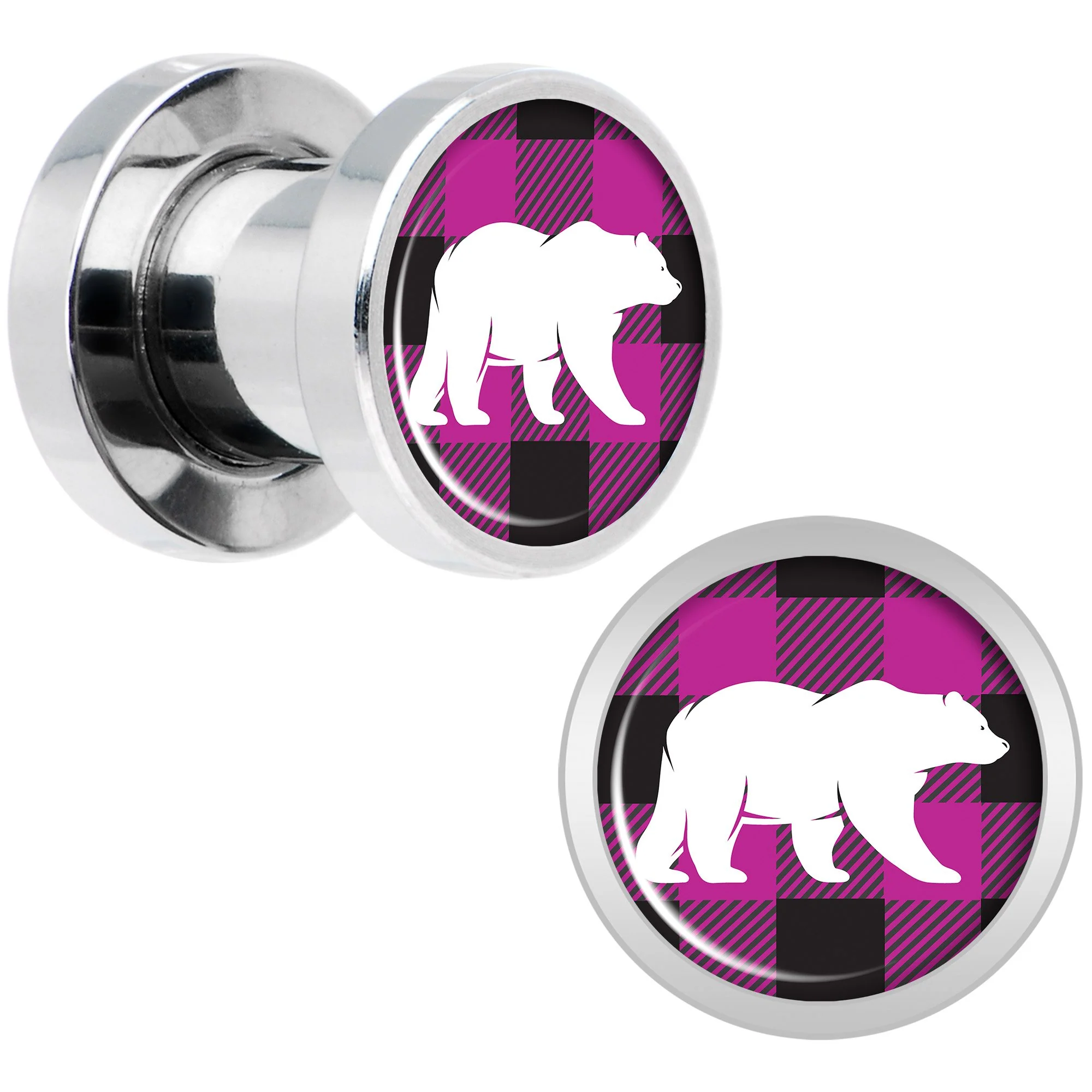 Pink Black Plaid Polar Bear Screw Fit Plug Set Sizes 5mm to 20mm - Image 5