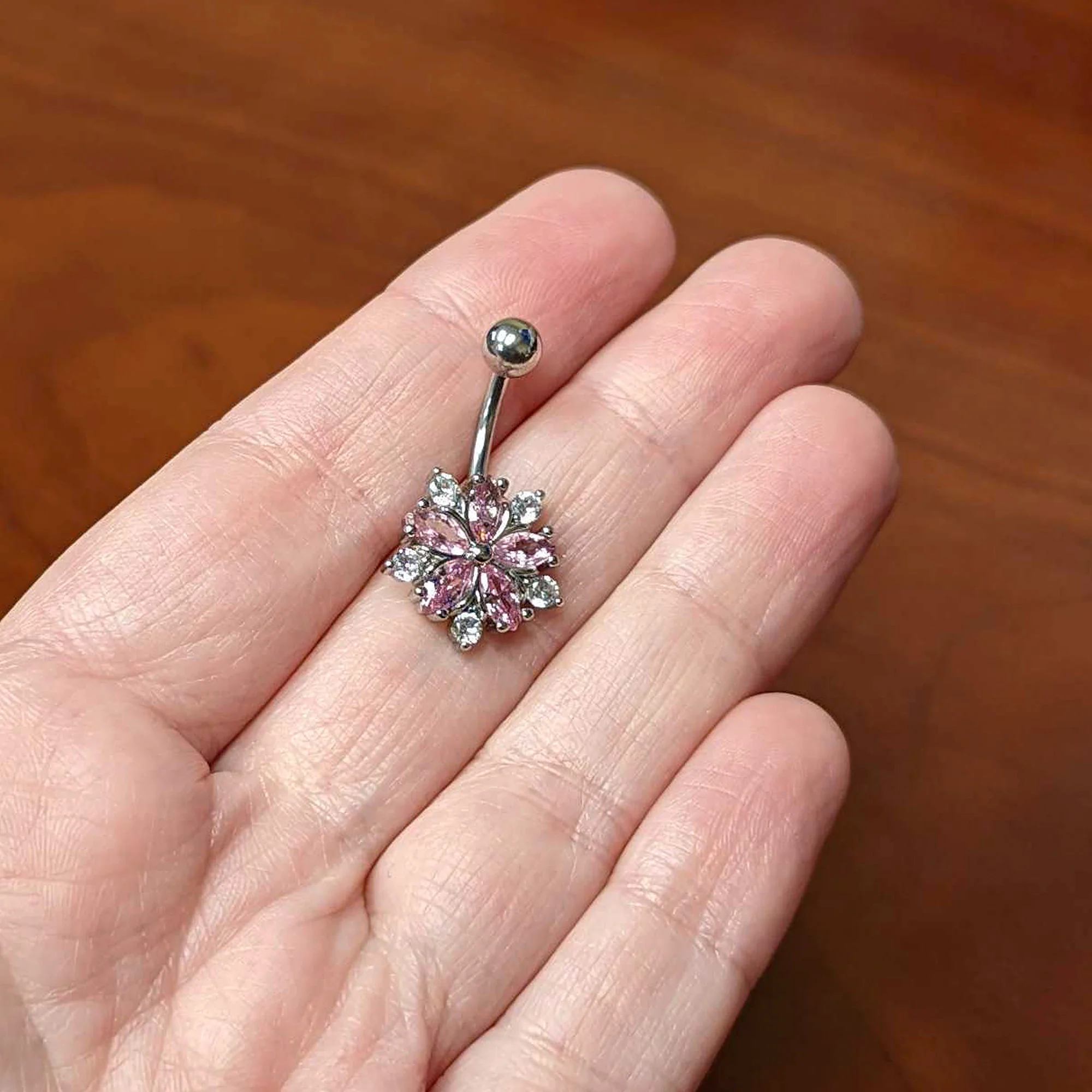 Pink Clear CZ Gem Baroque Floral Burst Belly Ring - Image 3