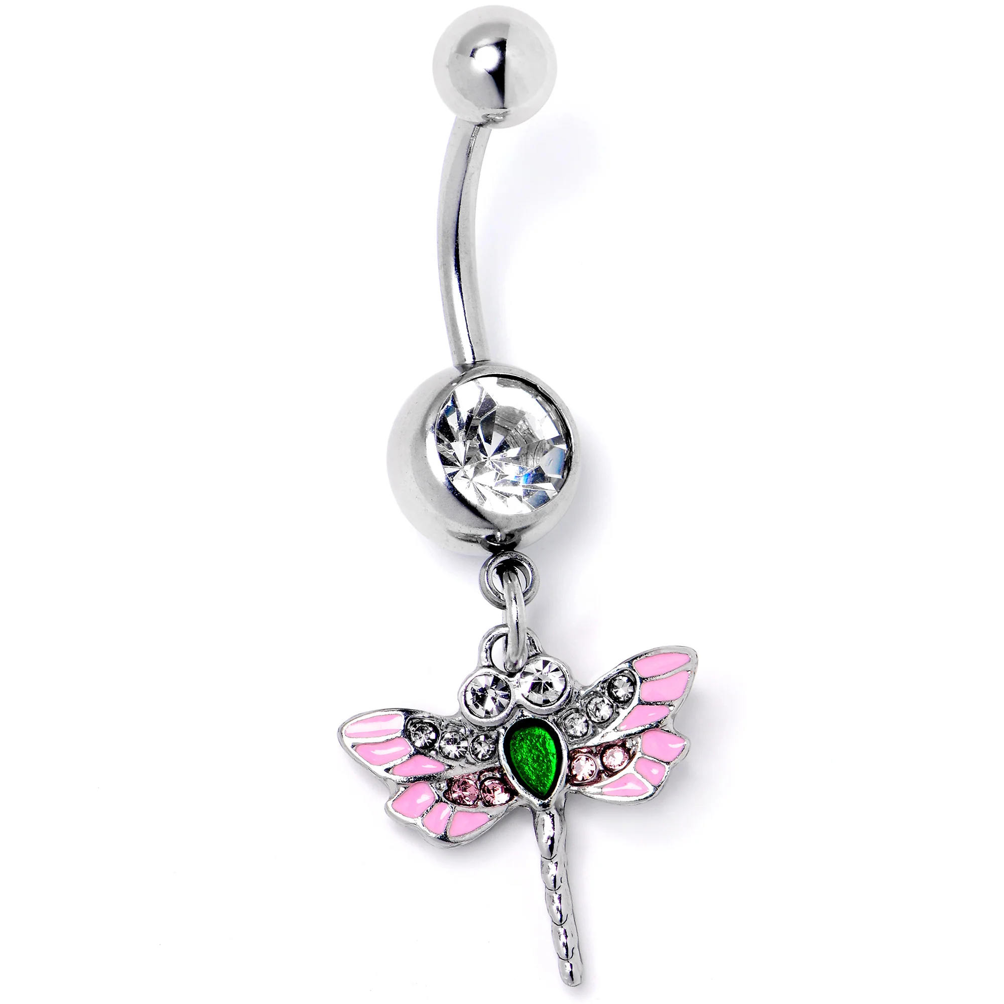 Pink Clear Gem Bright Dragonfly Pink Dangle Belly Ring - Image 3