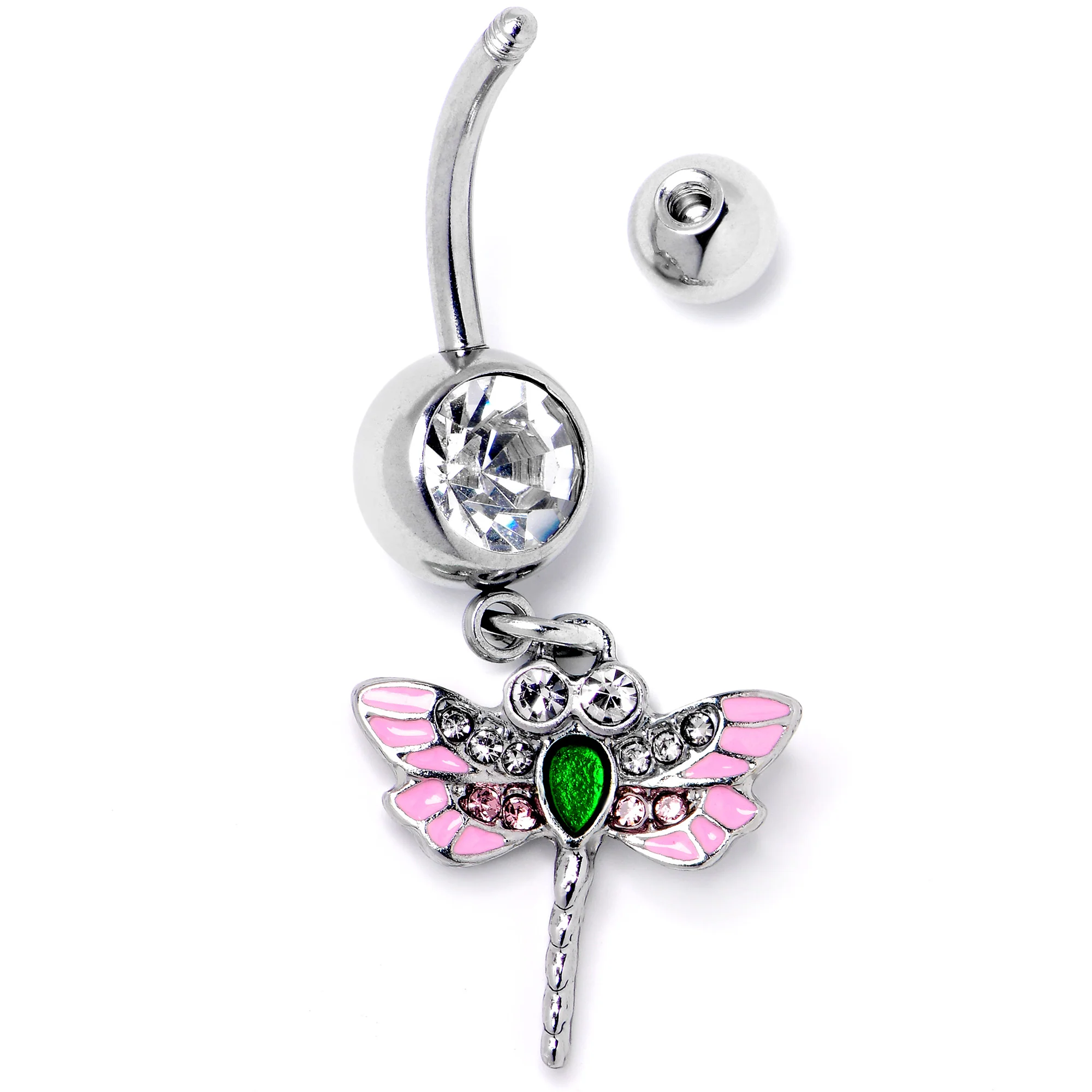 Pink Clear Gem Bright Dragonfly Pink Dangle Belly Ring - Image 4