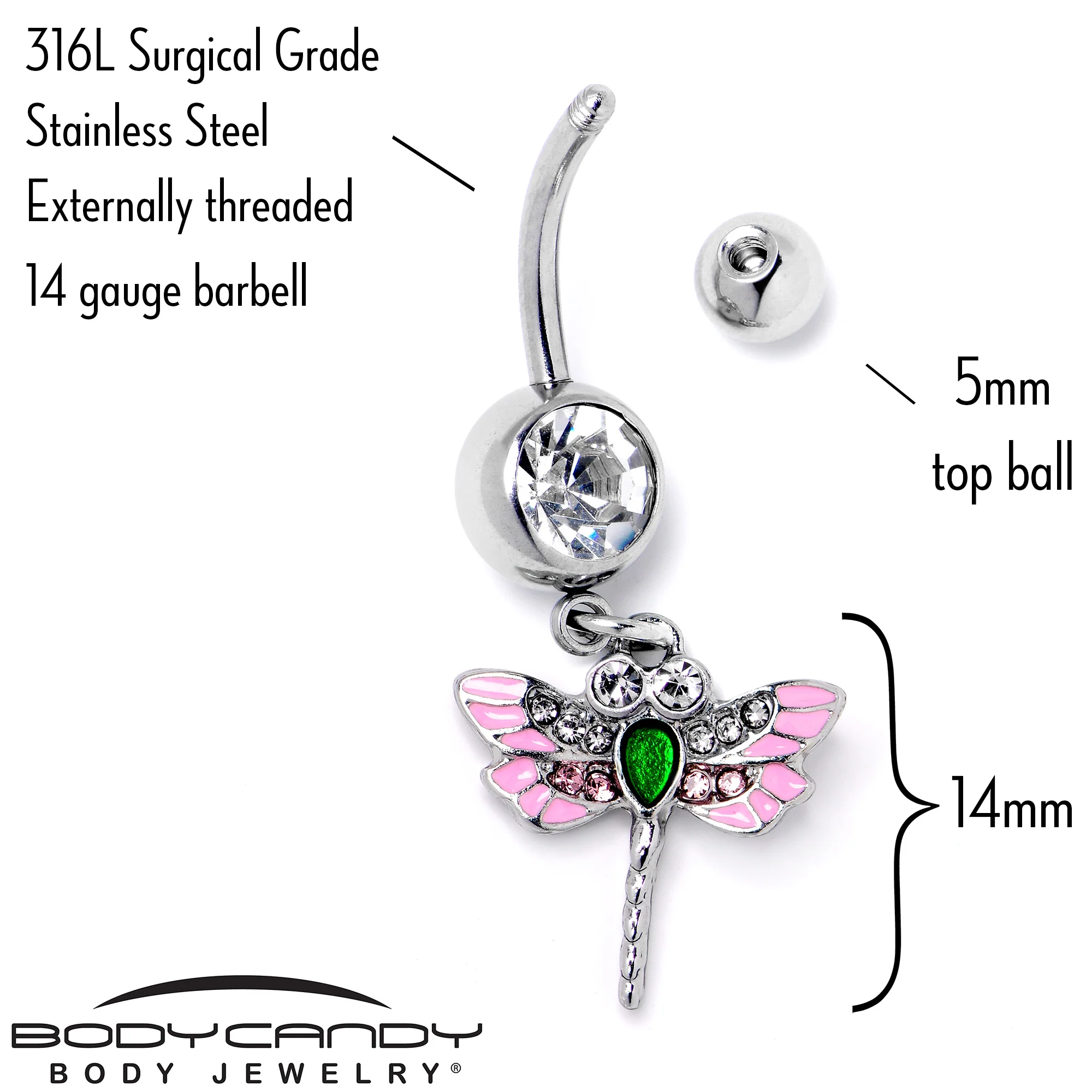 Pink Clear Gem Bright Dragonfly Pink Dangle Belly Ring - Image 5
