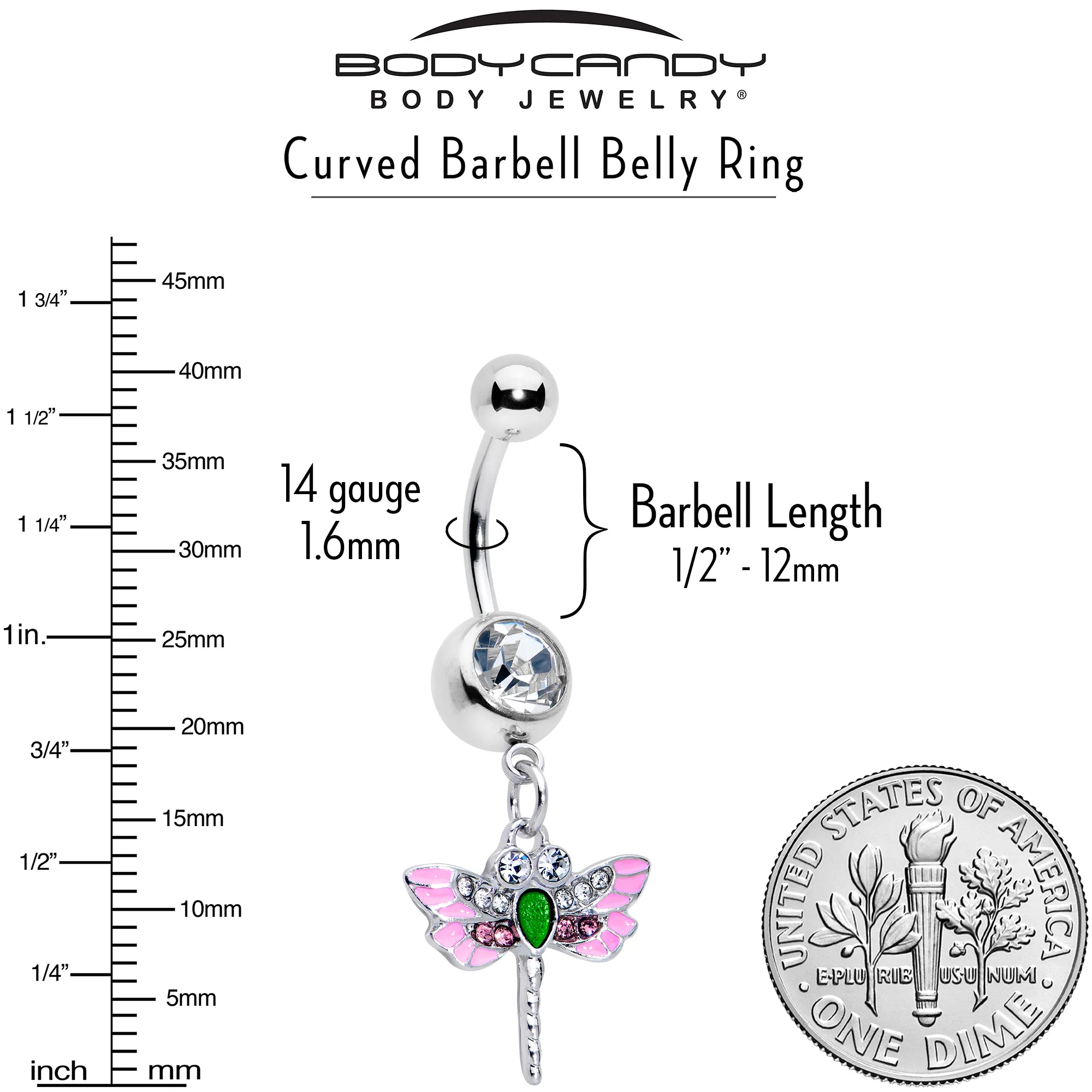 Pink Clear Gem Bright Dragonfly Pink Dangle Belly Ring - Image 6