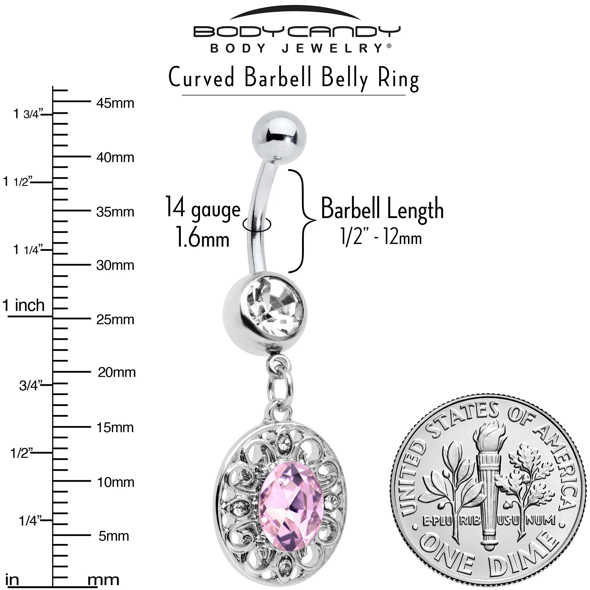 Pink Clear Gem Flower Oval Elegance Dangle Belly Ring - Image 6