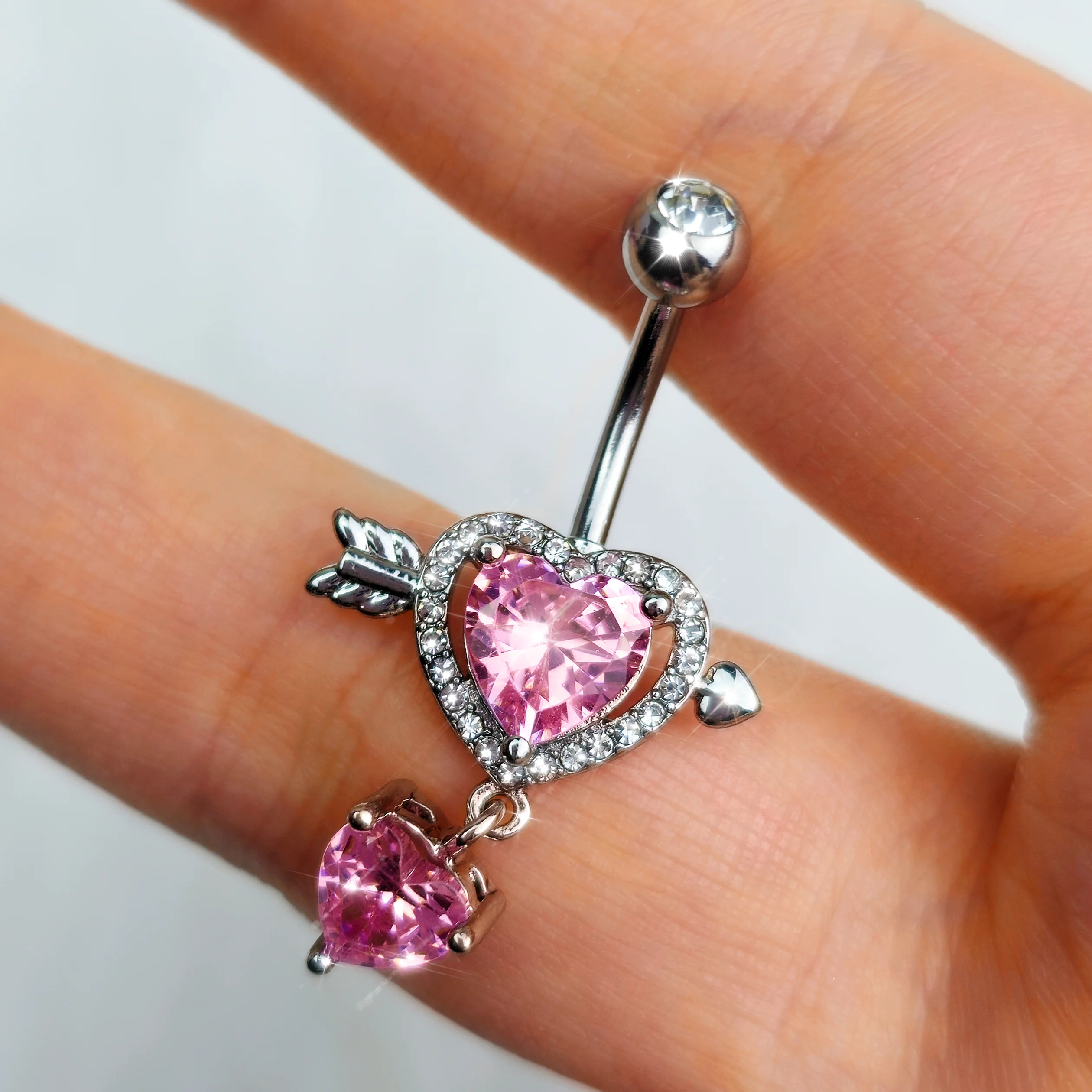 Pink Clear Gem Fusion of Love Heart Arrow Dangle Belly Ring - Image 2