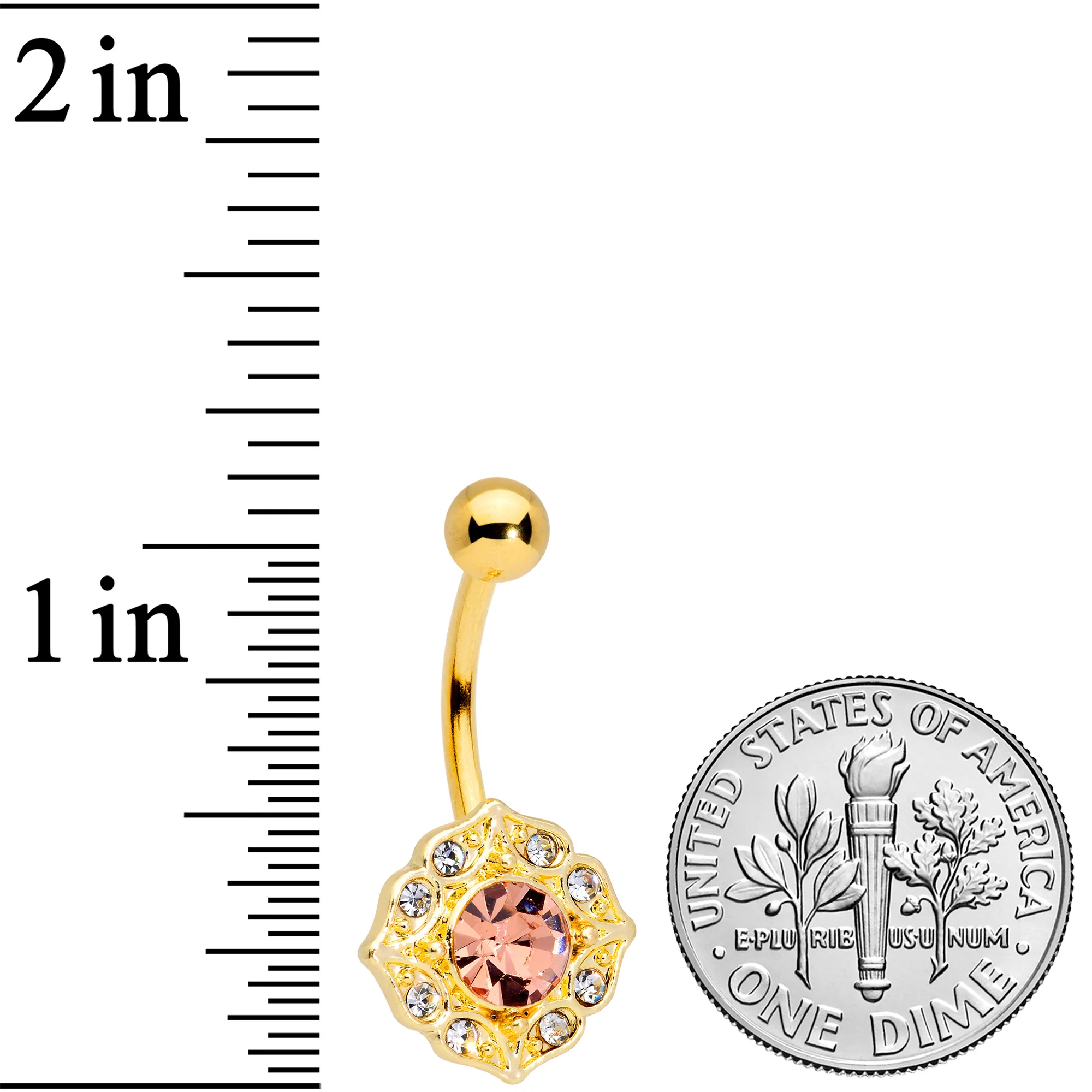 Pink Clear Gem Gold Tone Baroque Elegance Belly Ring - Image 2