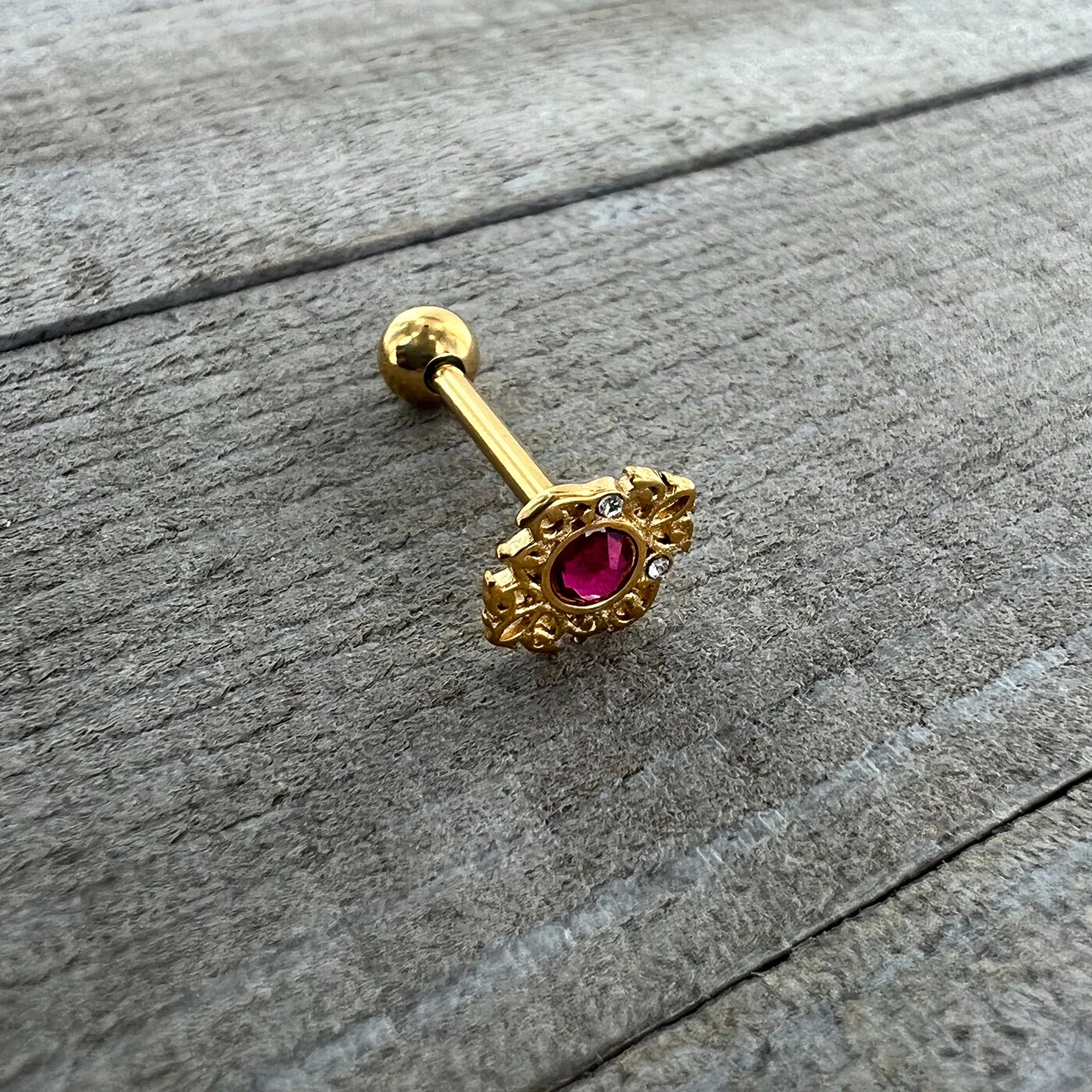 Pink Clear Gem Gold Tone Lace Love Barbell Tongue Ring - Image 6