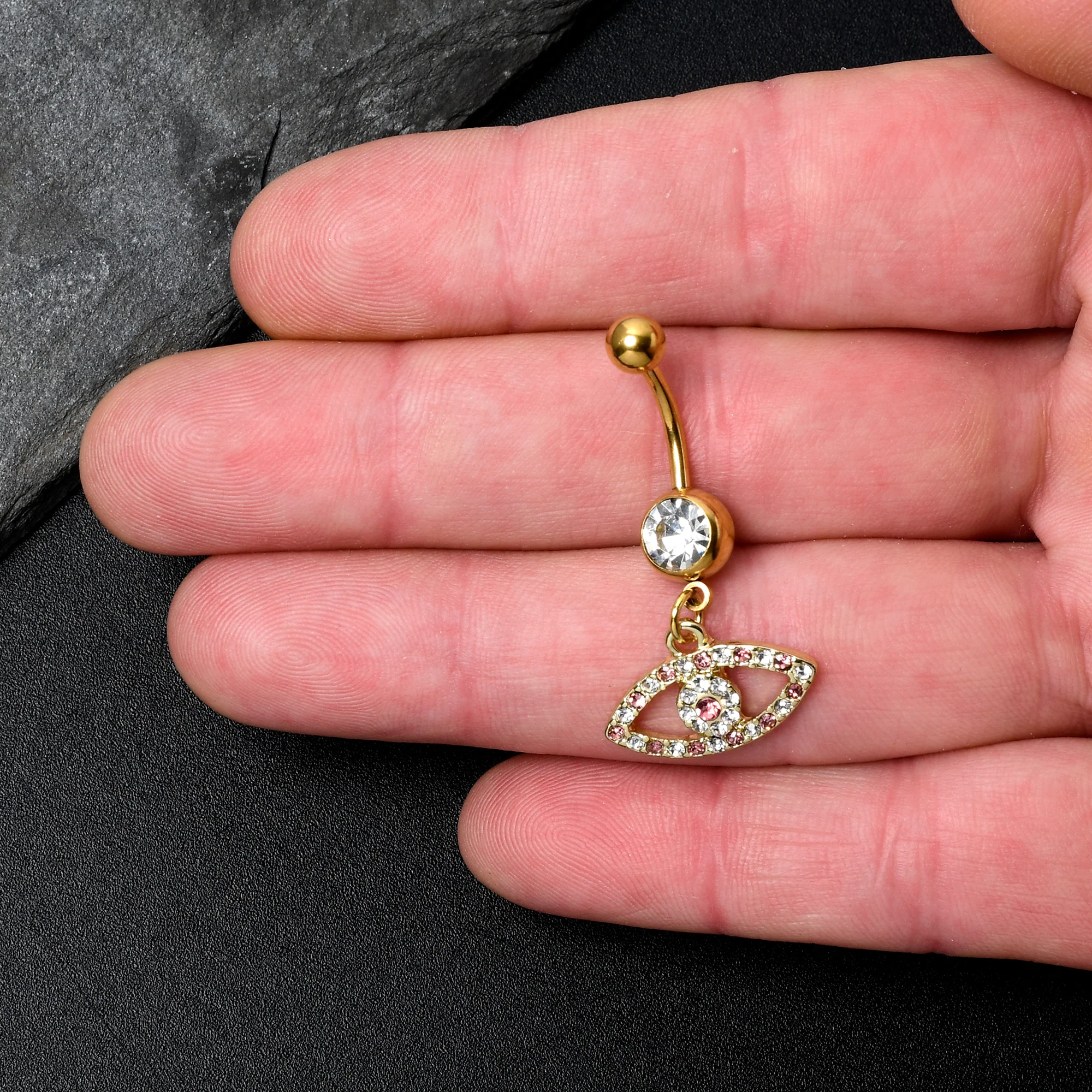Pink Clear Gem Gold Tone Wide Eye Dangle Belly Ring - Image 2