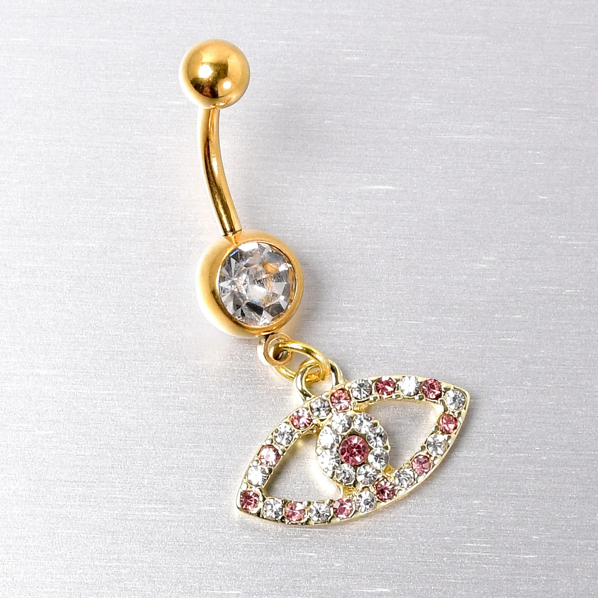 Pink Clear Gem Gold Tone Wide Eye Dangle Belly Ring - Image 3