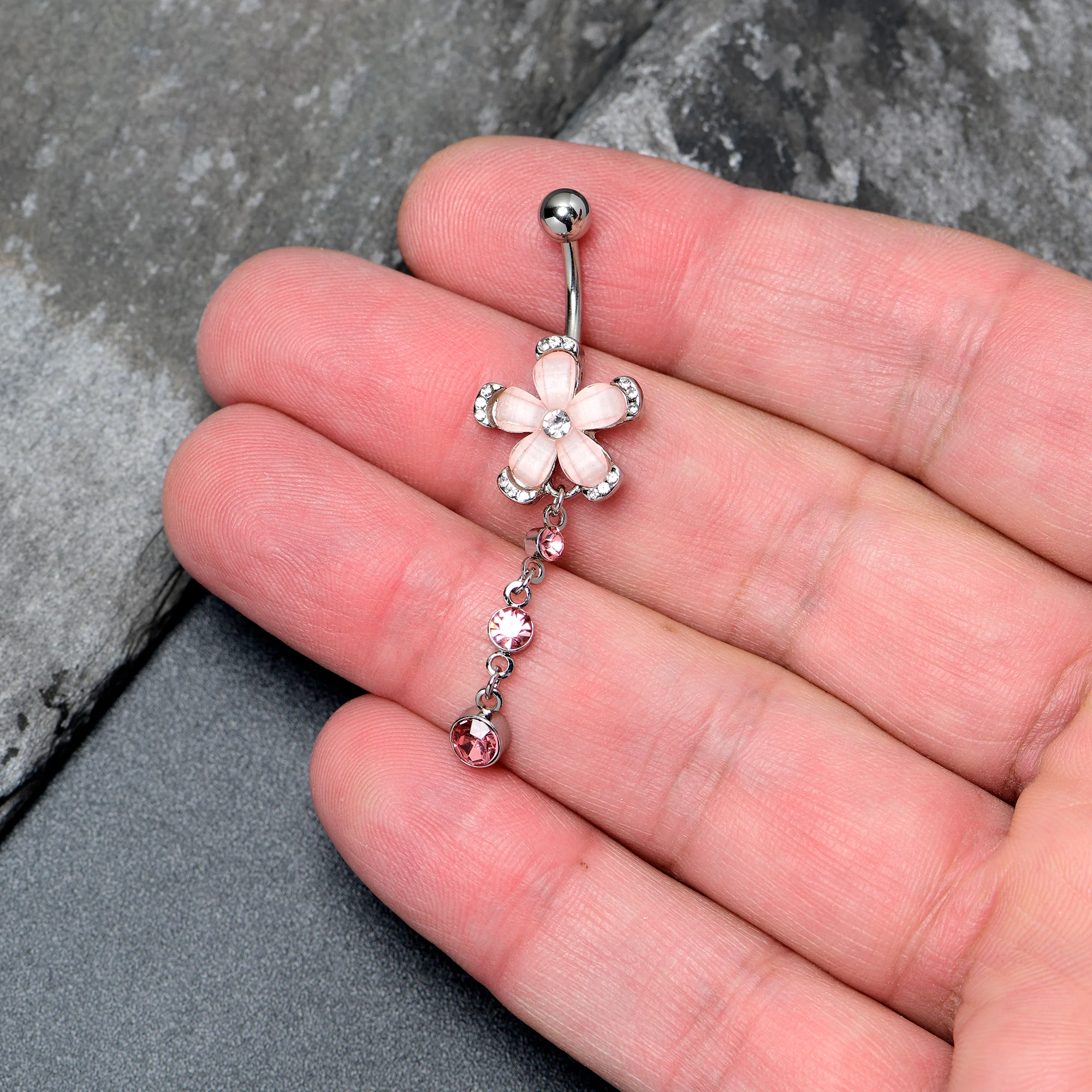 Pink Clear Gem Retro Flower Glamour Dangle Belly Ring - Image 2