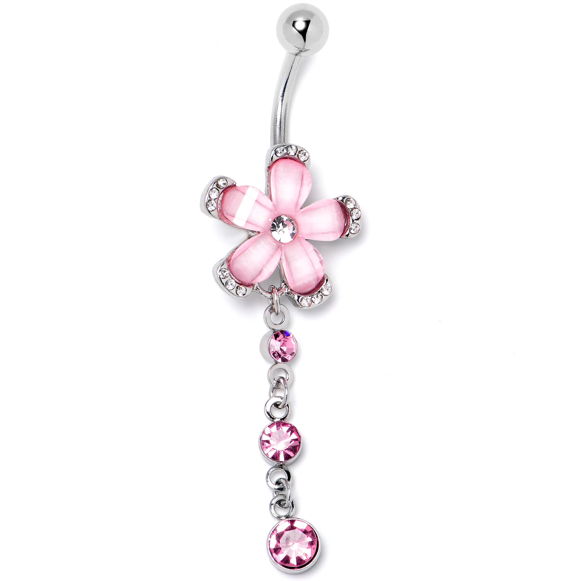Pink Clear Gem Retro Flower Glamour Dangle Belly Ring - Image 3