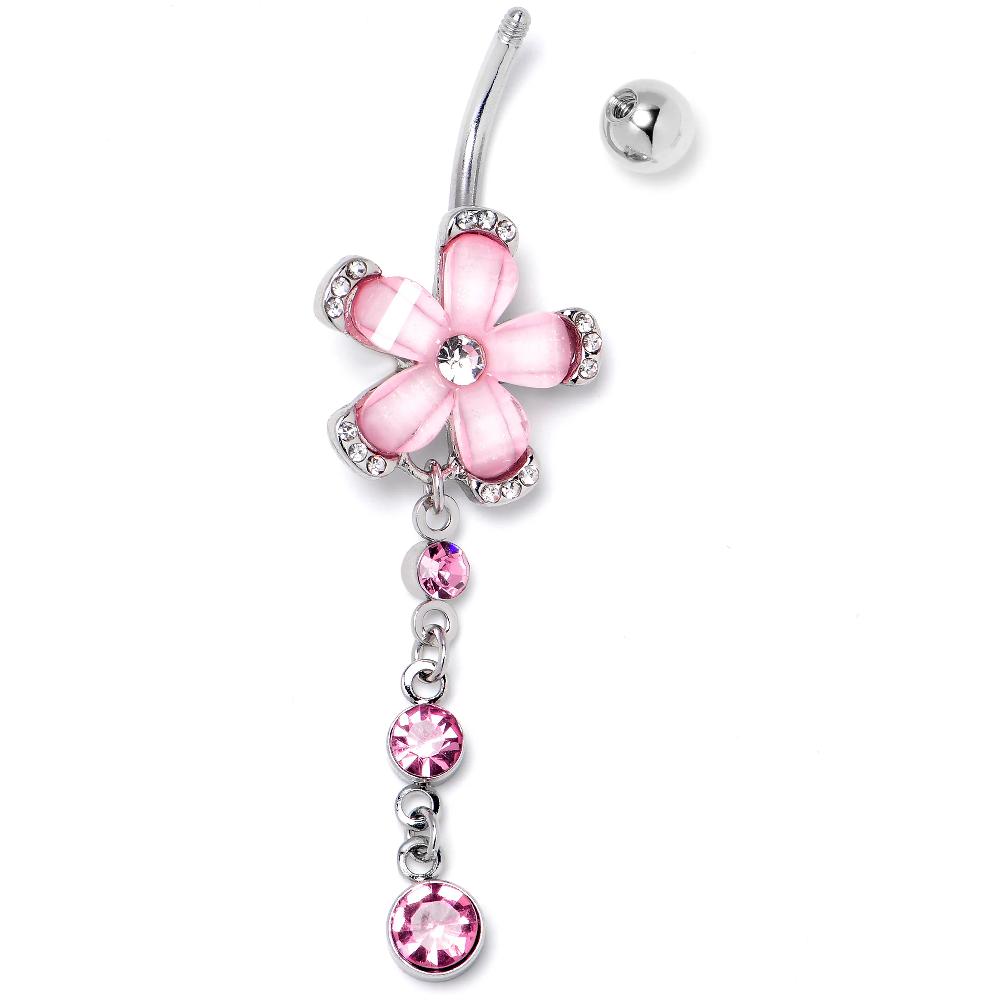 Pink Clear Gem Retro Flower Glamour Dangle Belly Ring - Image 4
