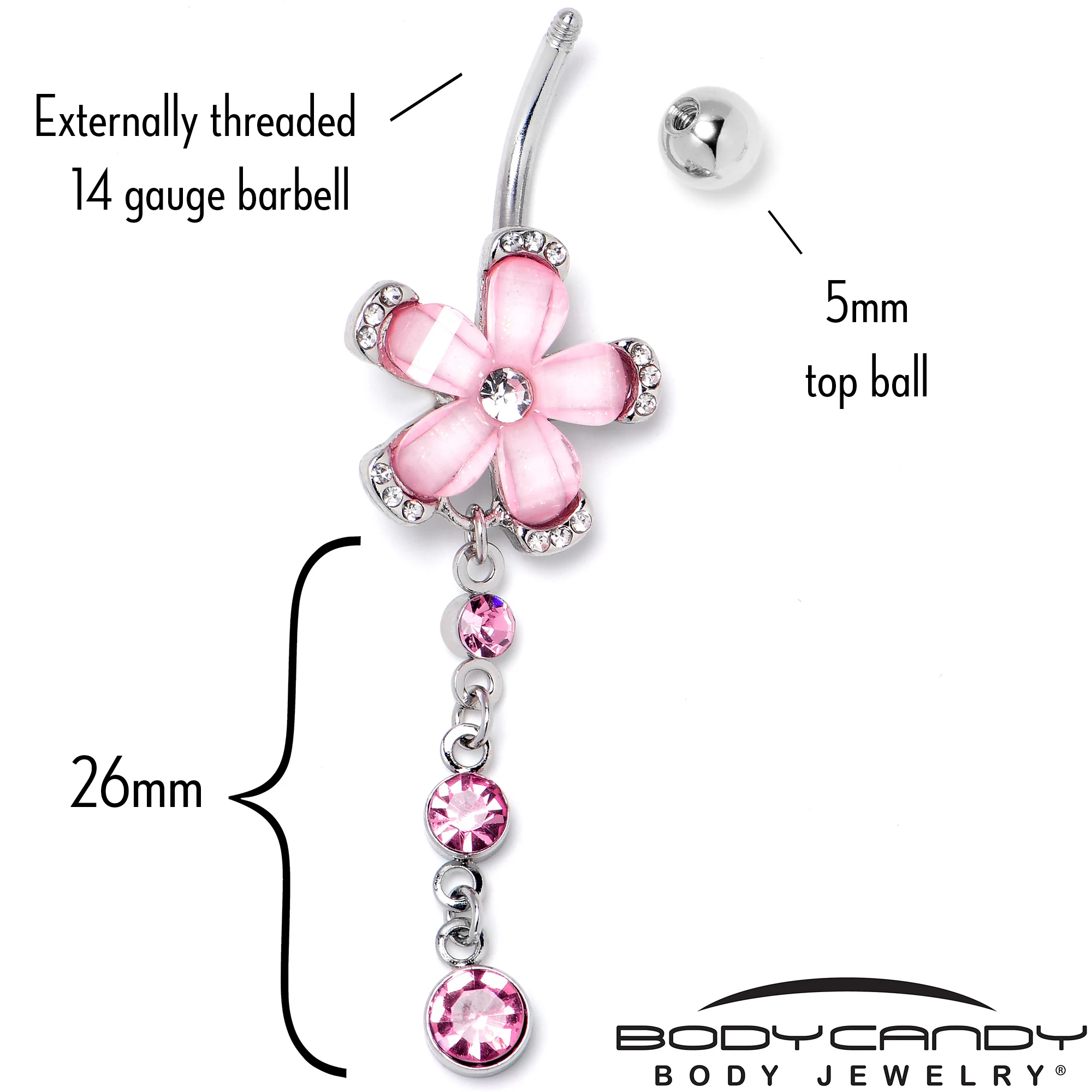 Pink Clear Gem Retro Flower Glamour Dangle Belly Ring - Image 5