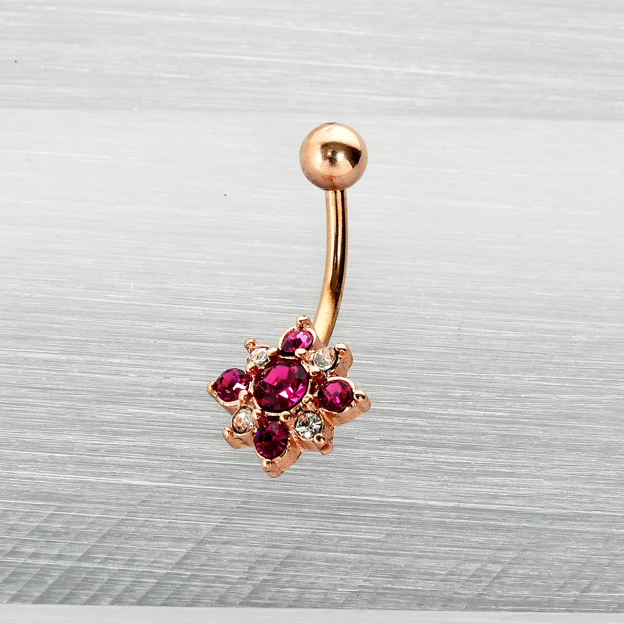 Pink Clear Gem Rose Gold Tone Rococo Star Belly Ring - Image 7