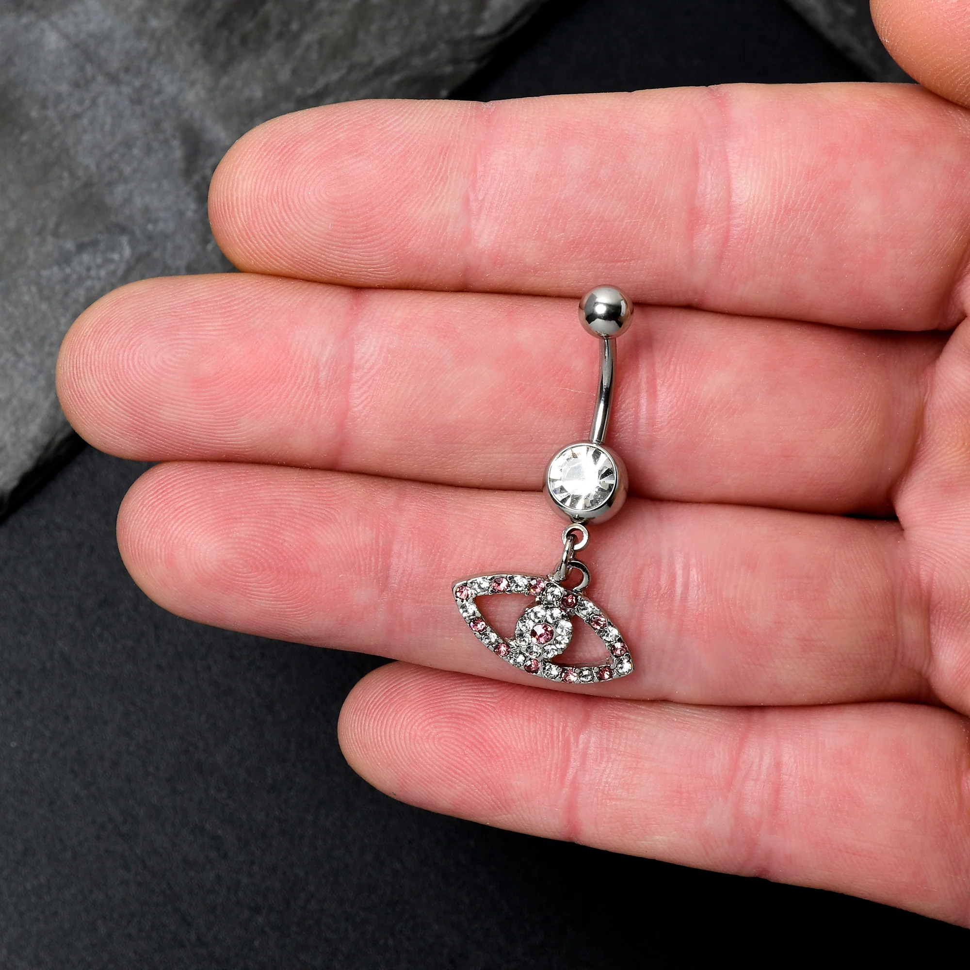 Pink Clear Gem Wide Eye Dangle Belly Ring - Image 2