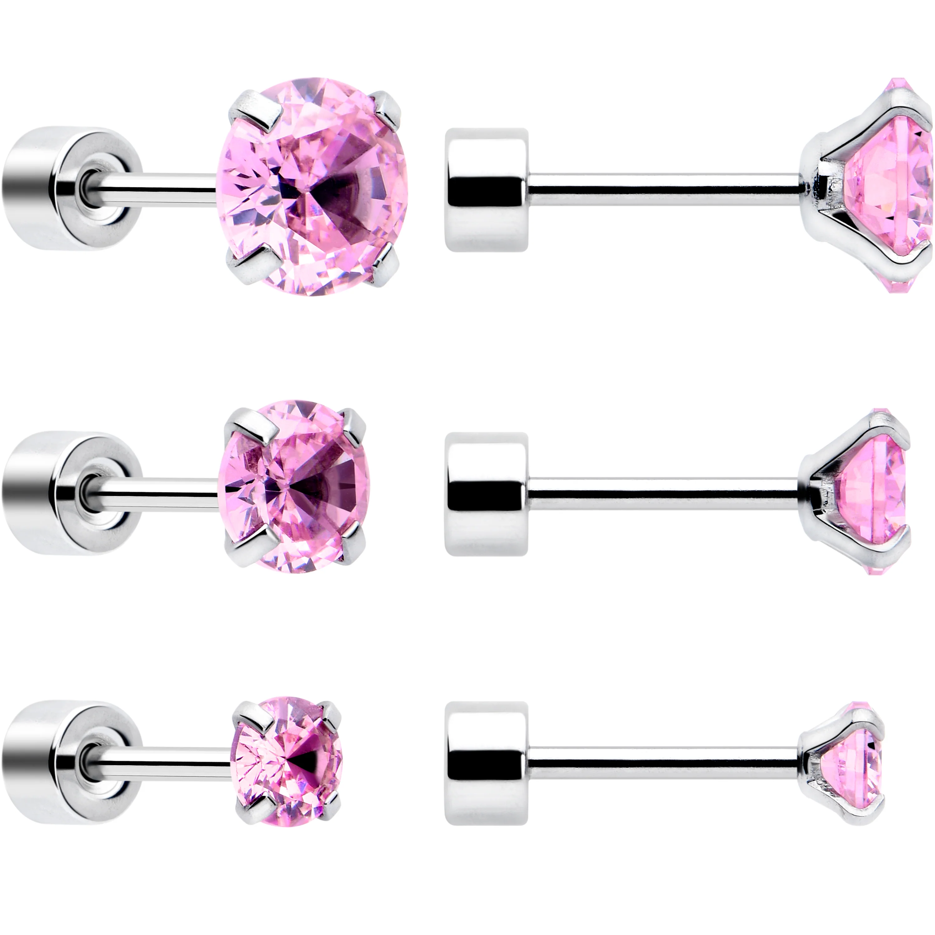 Pink CZ Flat Back Stud Earrings - 3 Pairs - Image 2